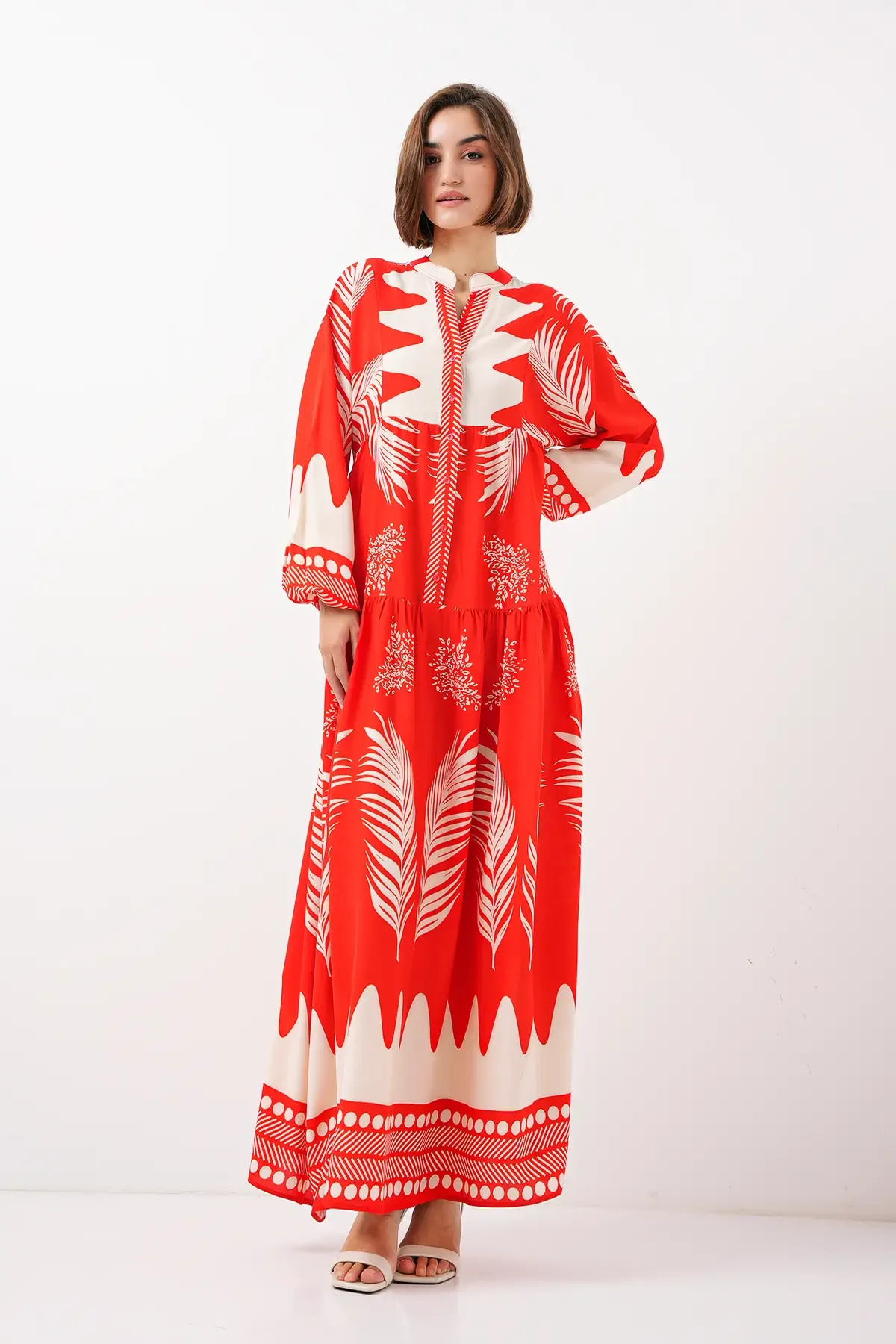 2423 Otantik Desenli Tesettür Elbise - M. Kırmızı