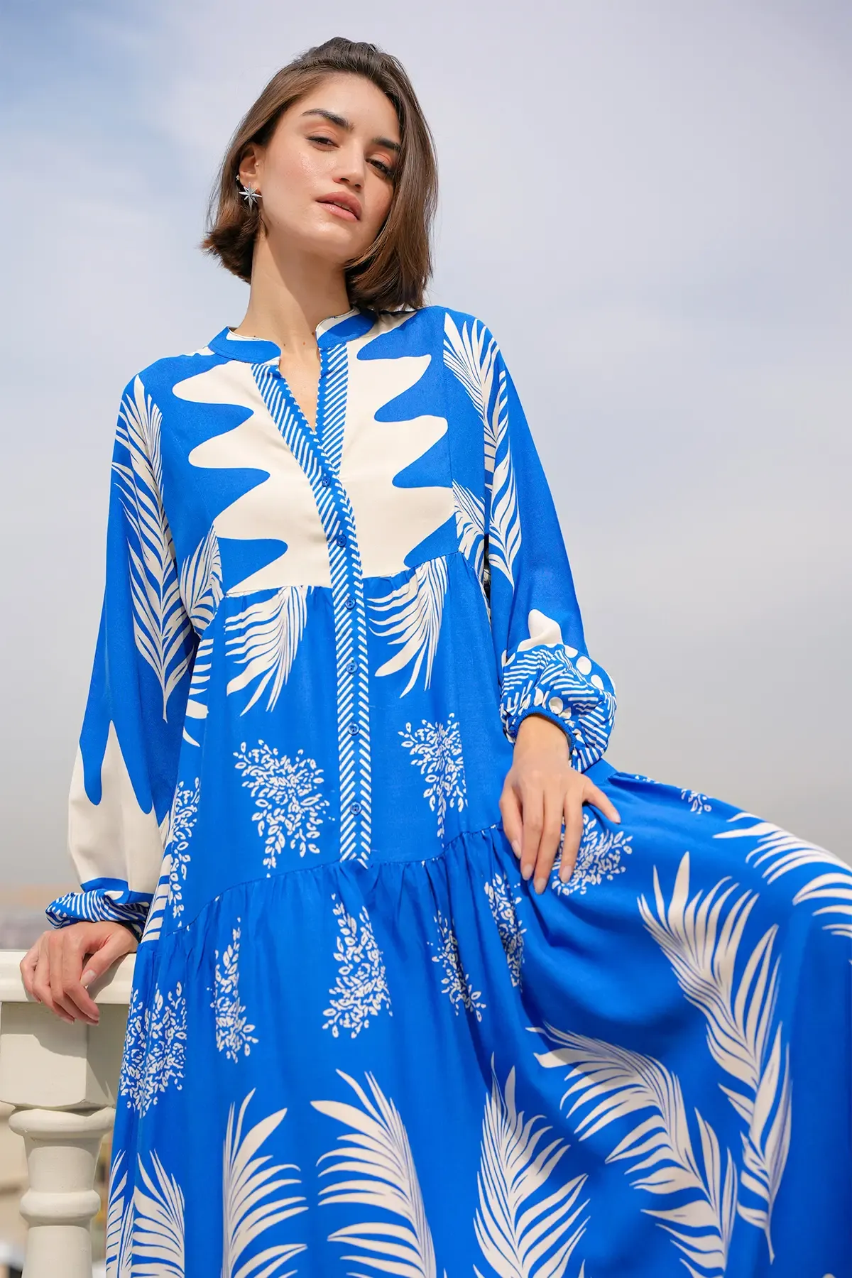 2423 Otantik Desenli Tesettür Elbise - M. Saks