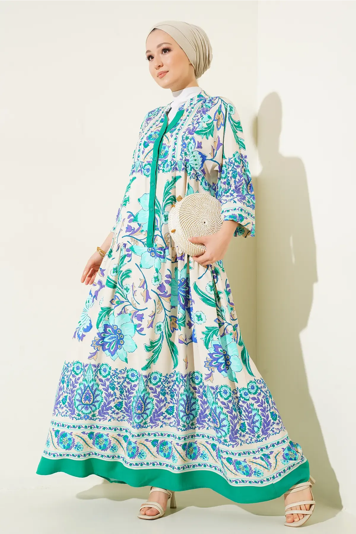 2423 Otantik Desenli Tesettür Elbise - M. Yeşil