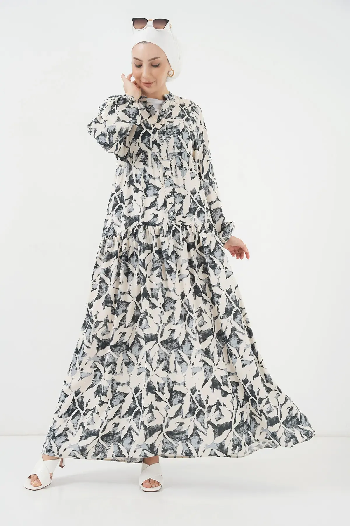 2423 Otantik Desenli Tesettür Elbise - V. Antrasit