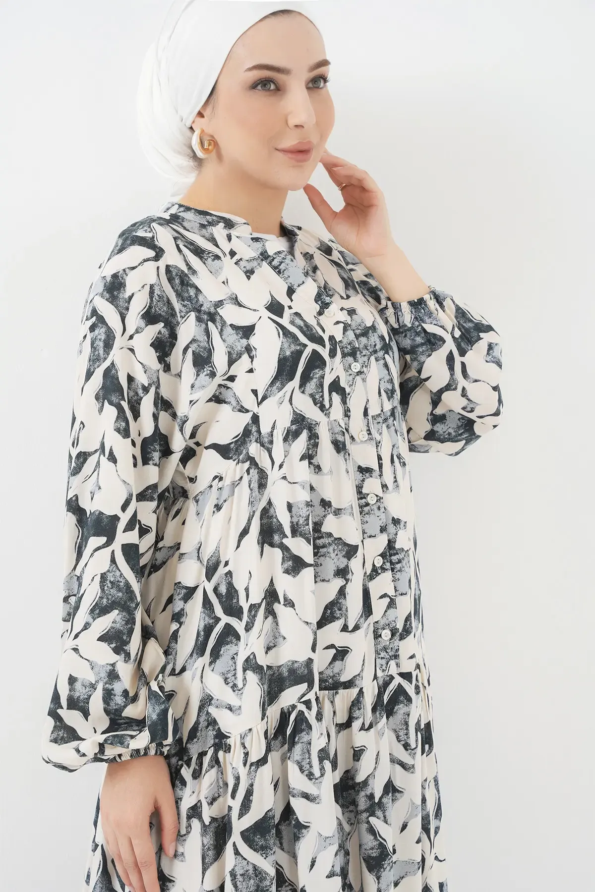 2423 Otantik Desenli Tesettür Elbise - V. Antrasit