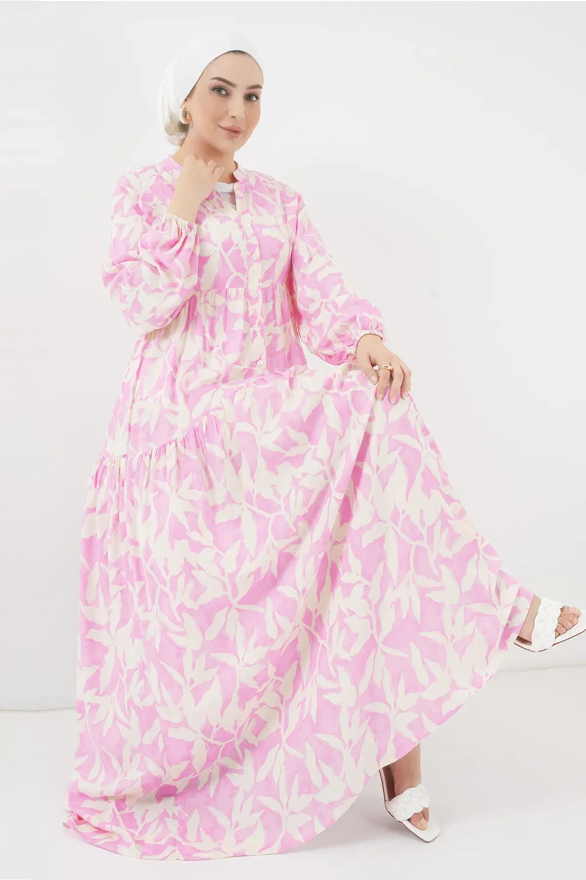 2423 Otantik Desenli Tesettür Elbise - Y.Pembe