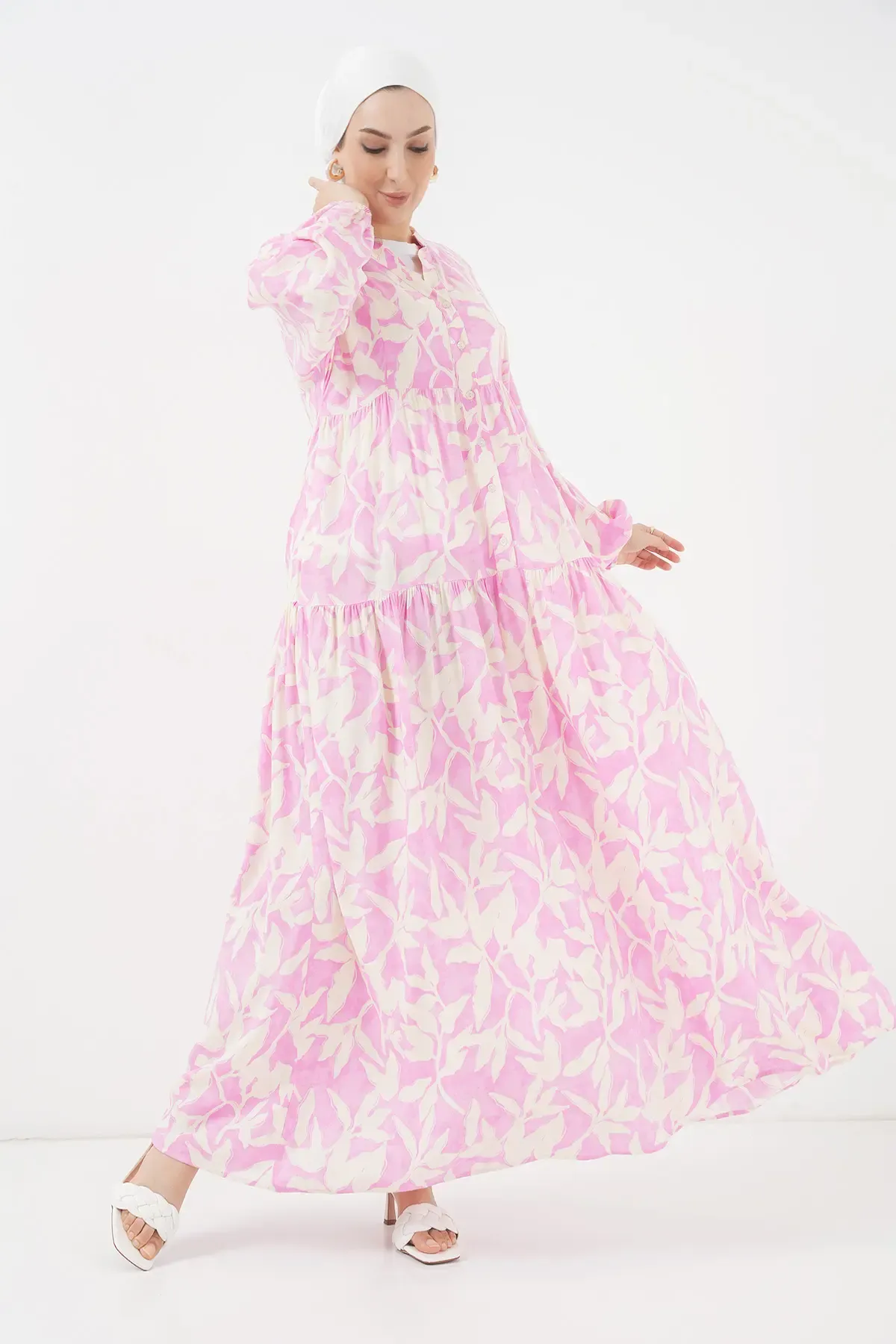 2423 Otantik Desenli Tesettür Elbise - Y.Pembe