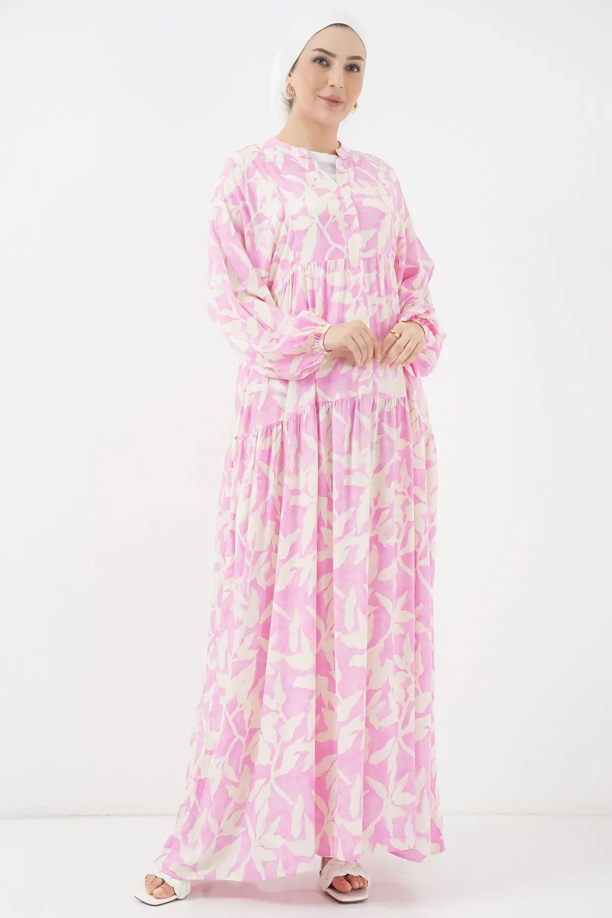 2423 Otantik Desenli Tesettür Elbise - Y.Pembe