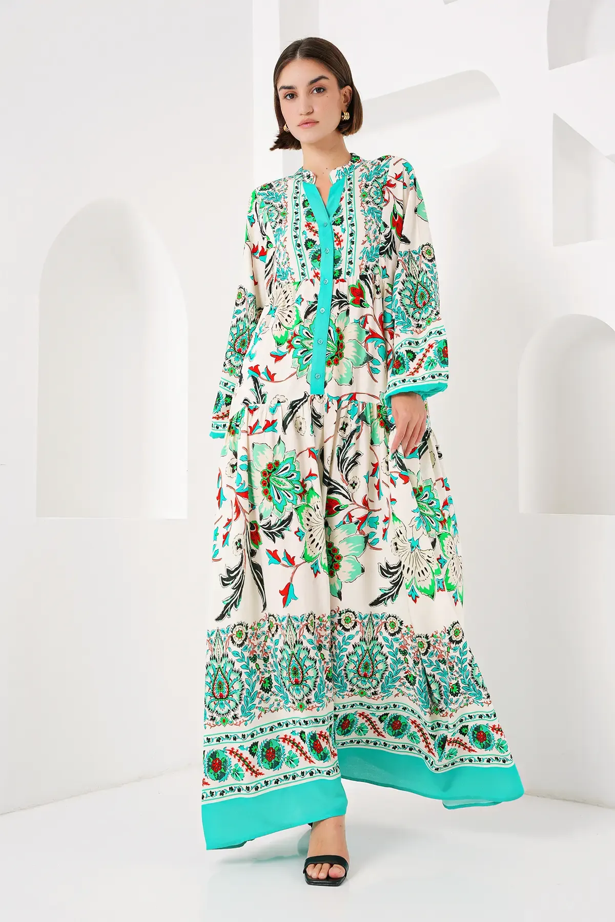 2423 Otantik Desenli Tesettür Elbise - Y.Yeşil