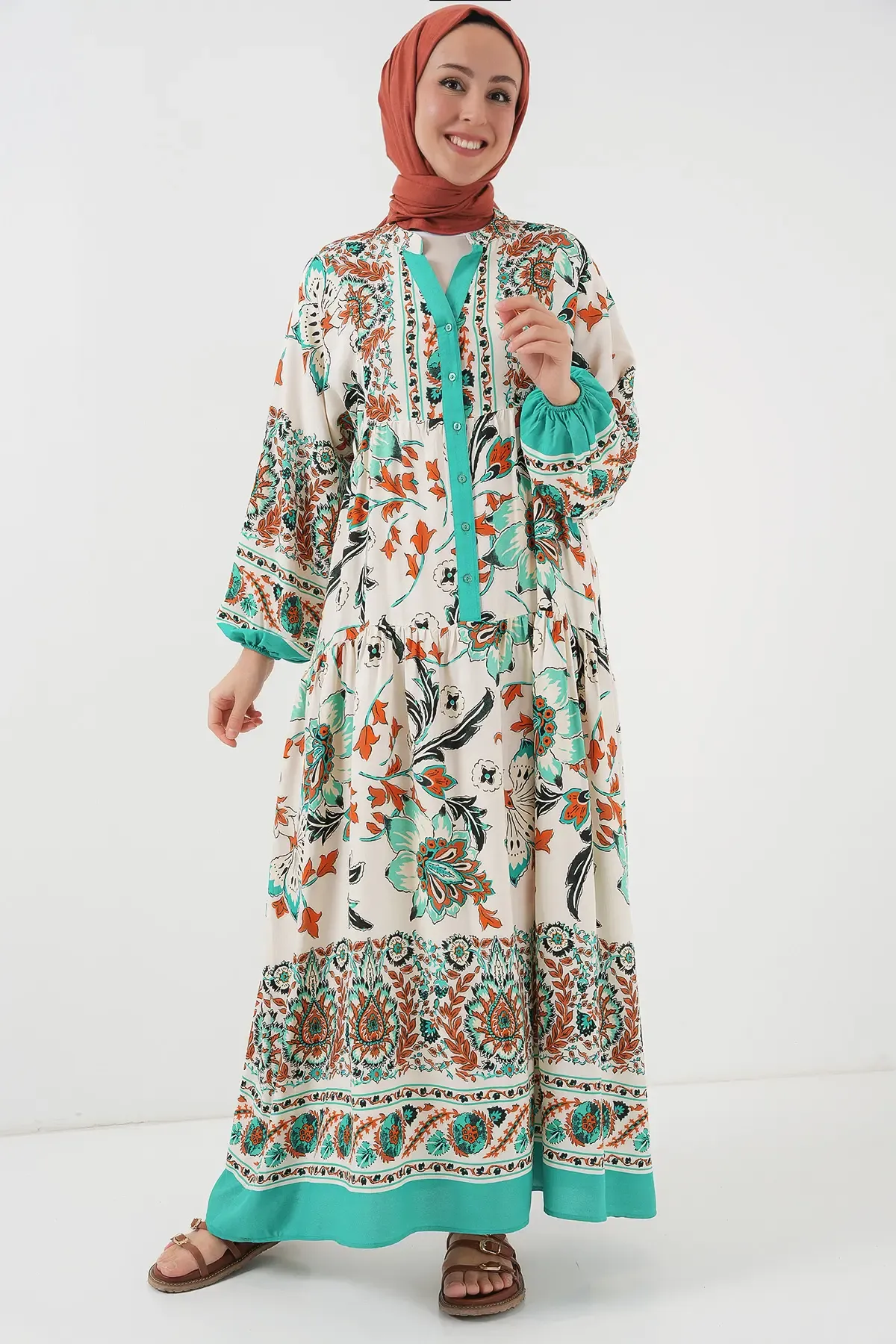 2423 Otantik Desenli Tesettür Elbise - Yeşil 2