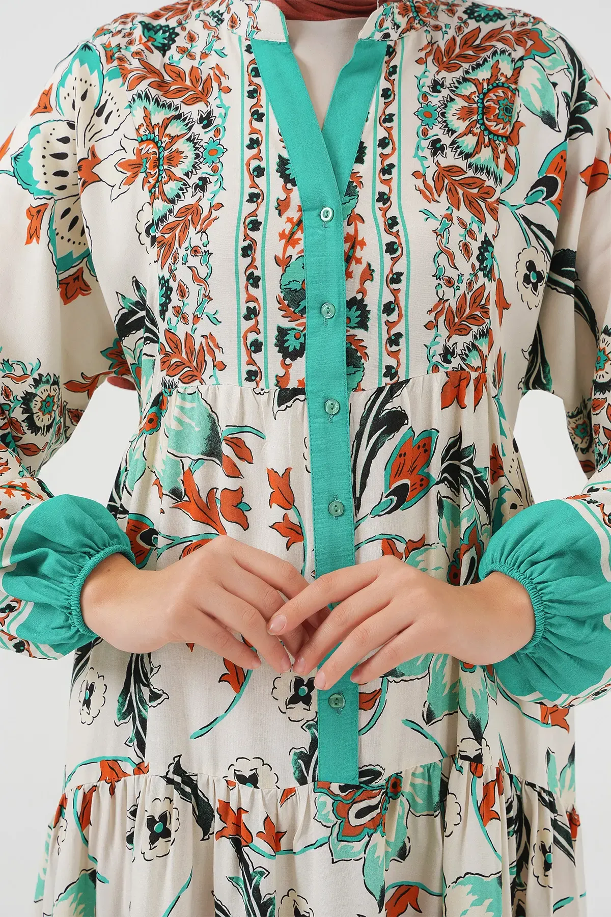 2423 Otantik Desenli Tesettür Elbise - Yeşil 2