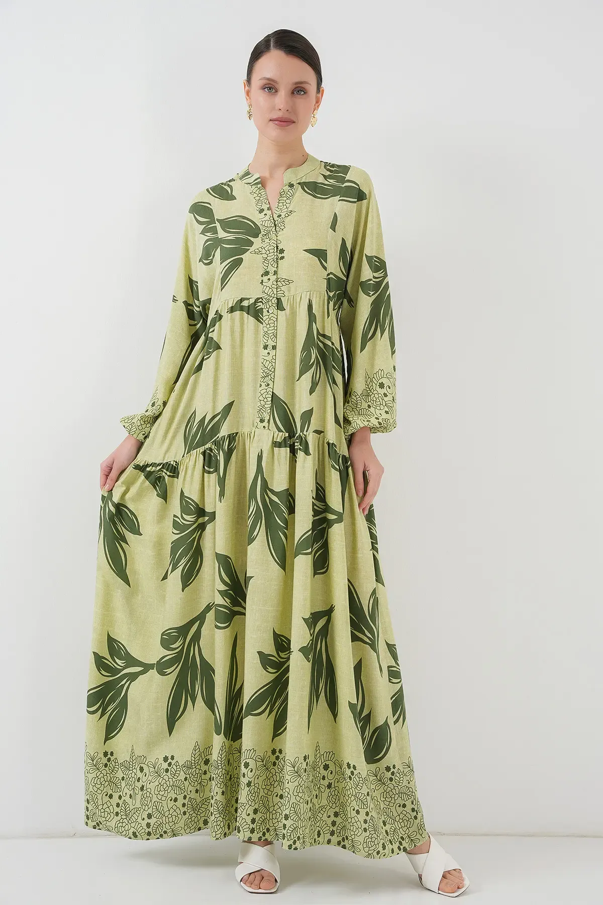 2423 Otantik Desenli Tesettür Elbise - Yeşil 4