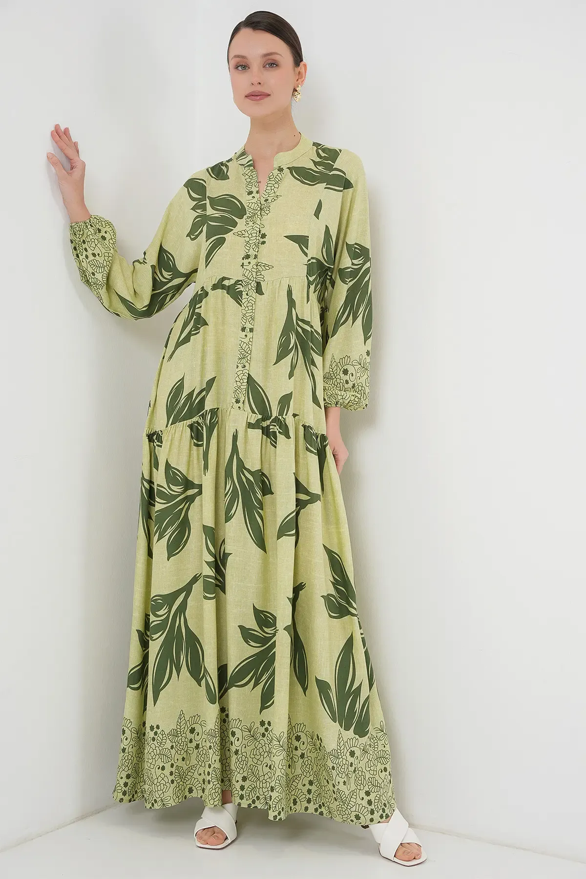2423 Otantik Desenli Tesettür Elbise - Yeşil 4