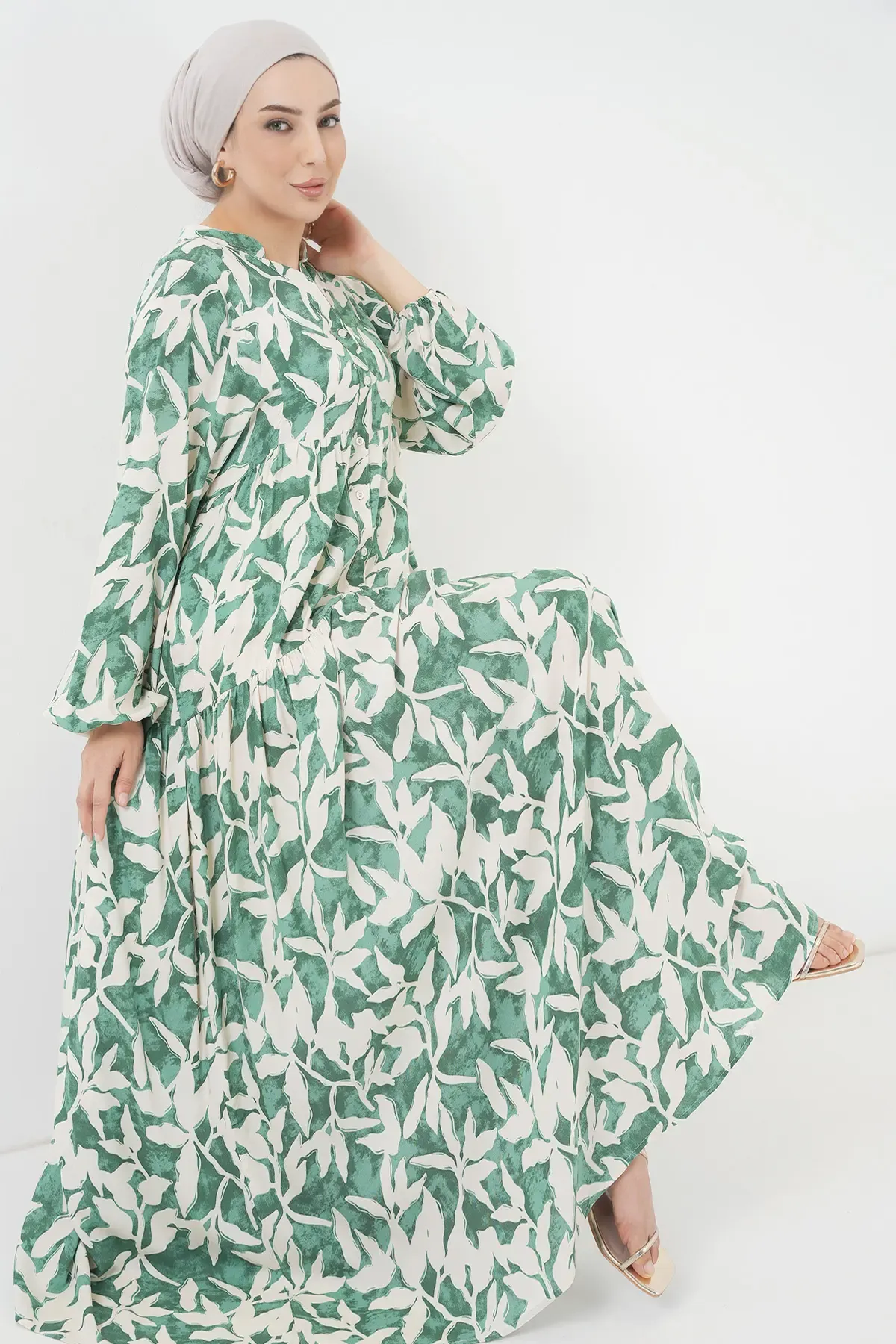 2423 Otantik Desenli Tesettür Elbise - Z.Yeşil