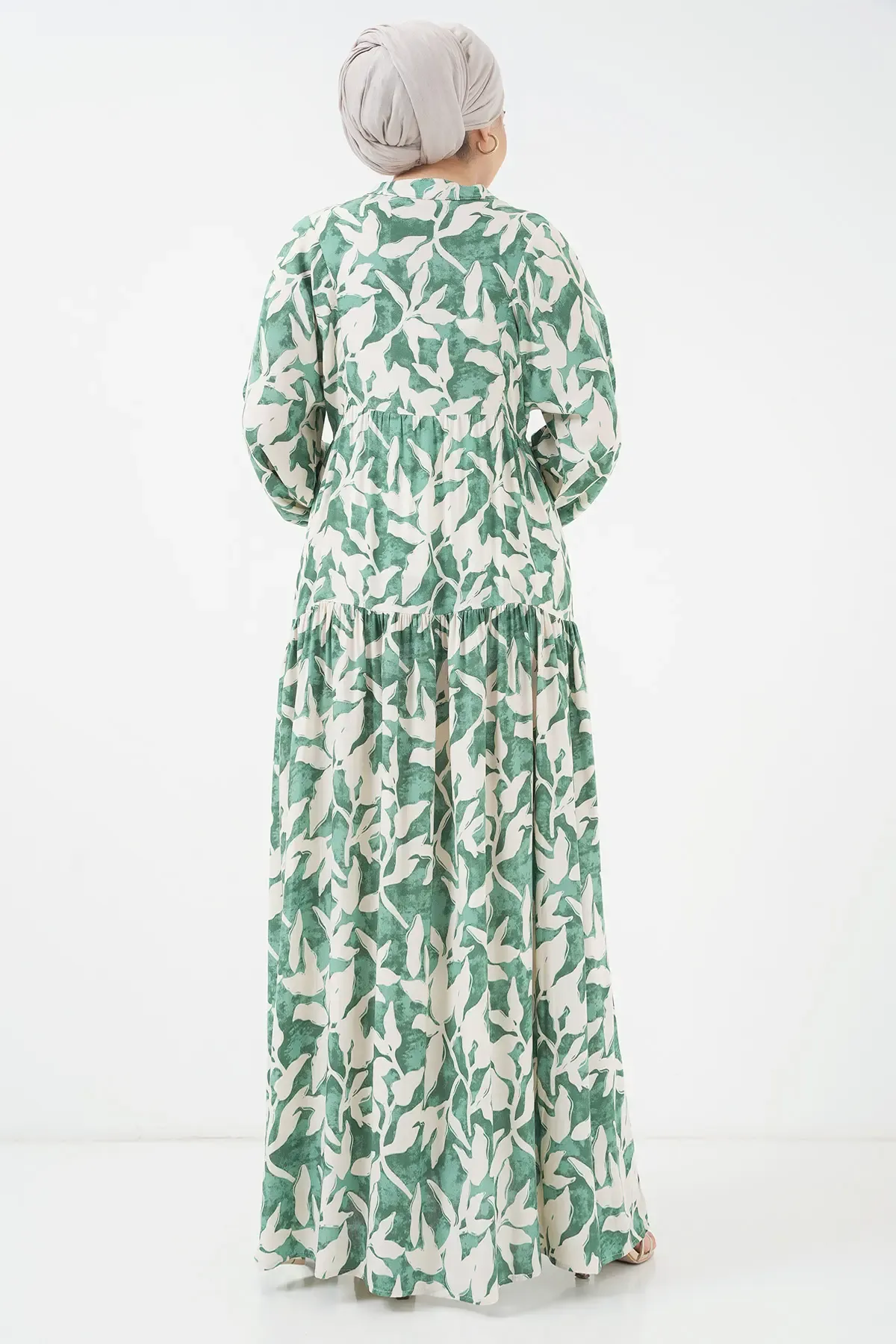 2423 Otantik Desenli Tesettür Elbise - Z.Yeşil