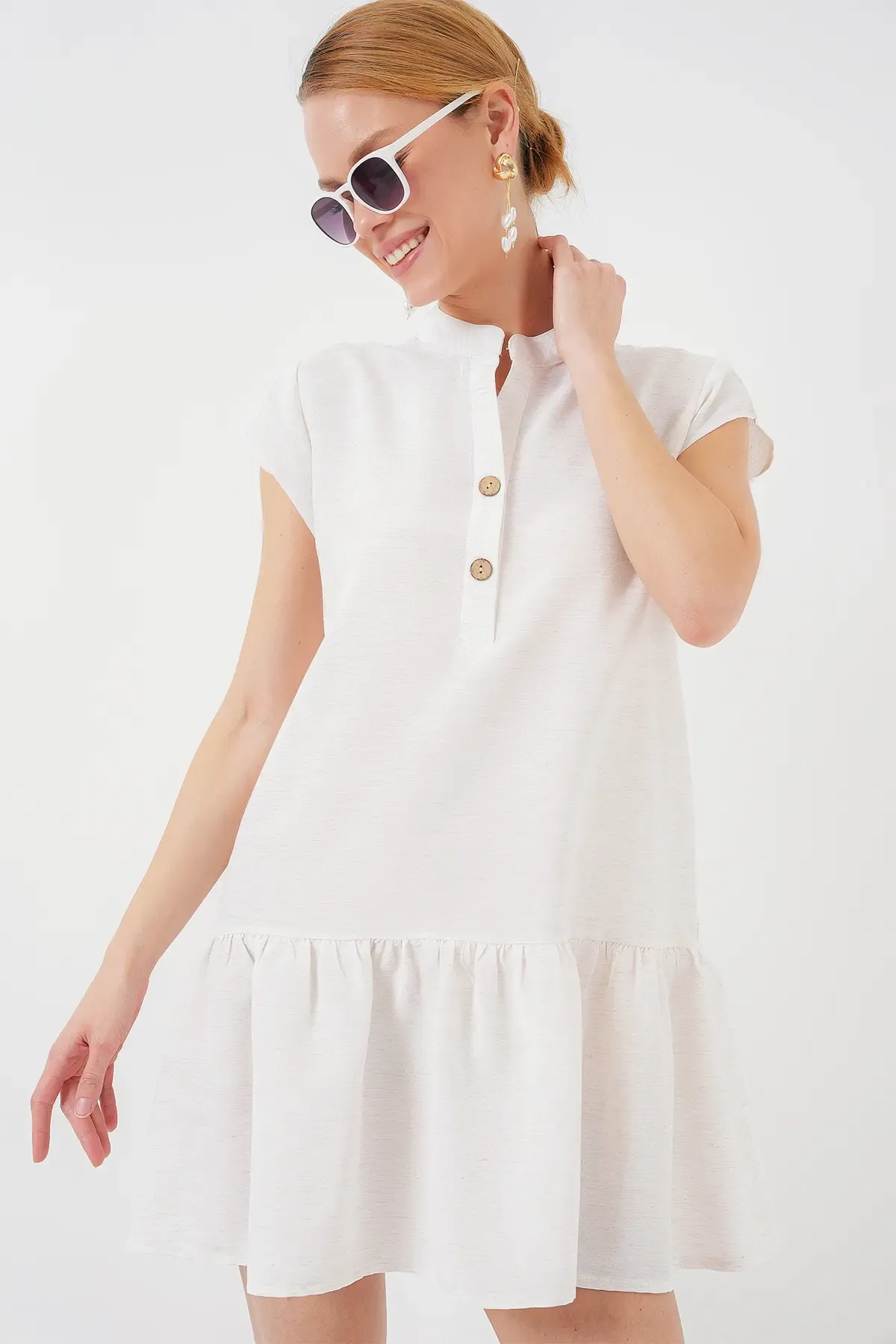 2425 Keten Mini Elbise - Ekru