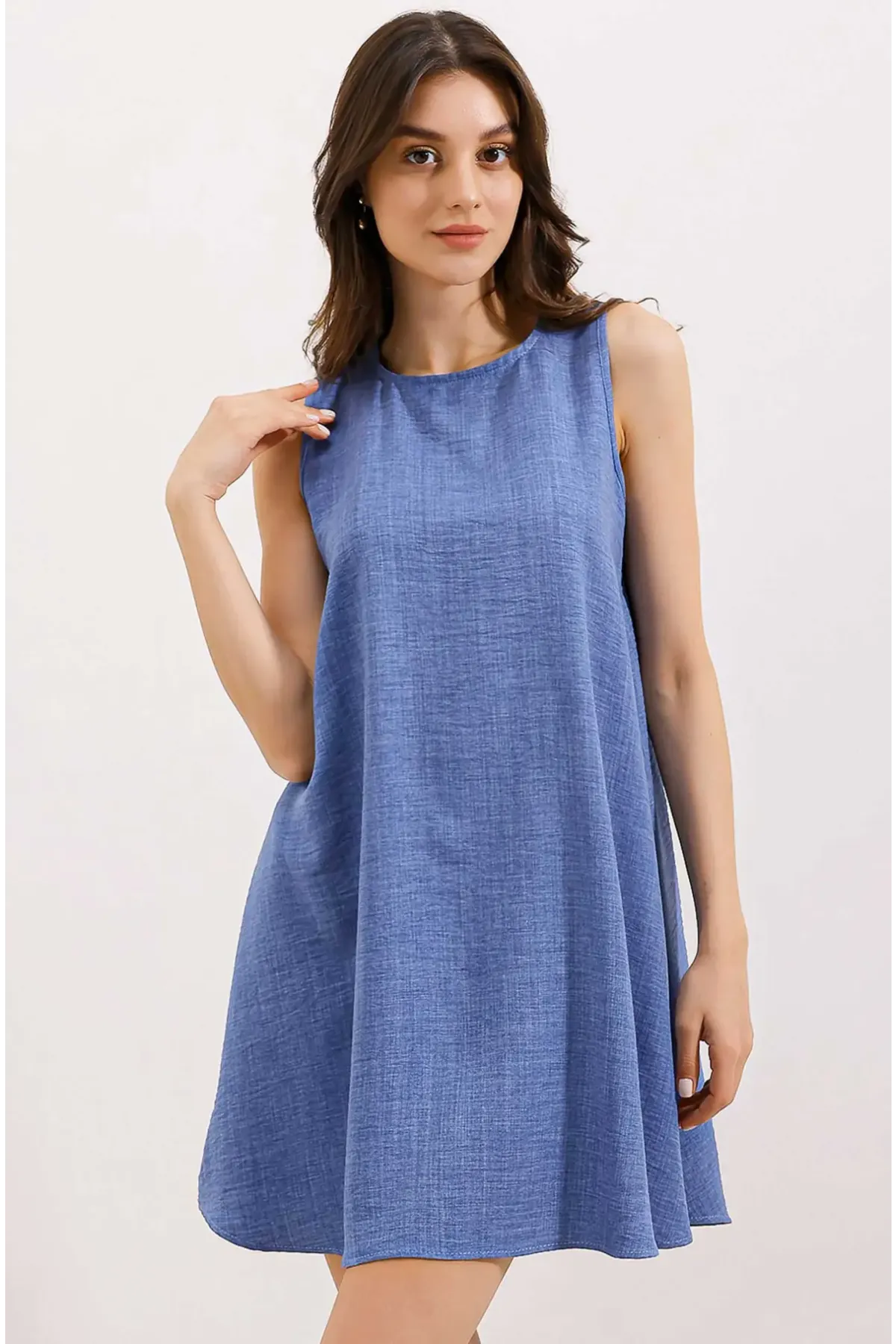 2444 Mini Keten Elbise - Mavi