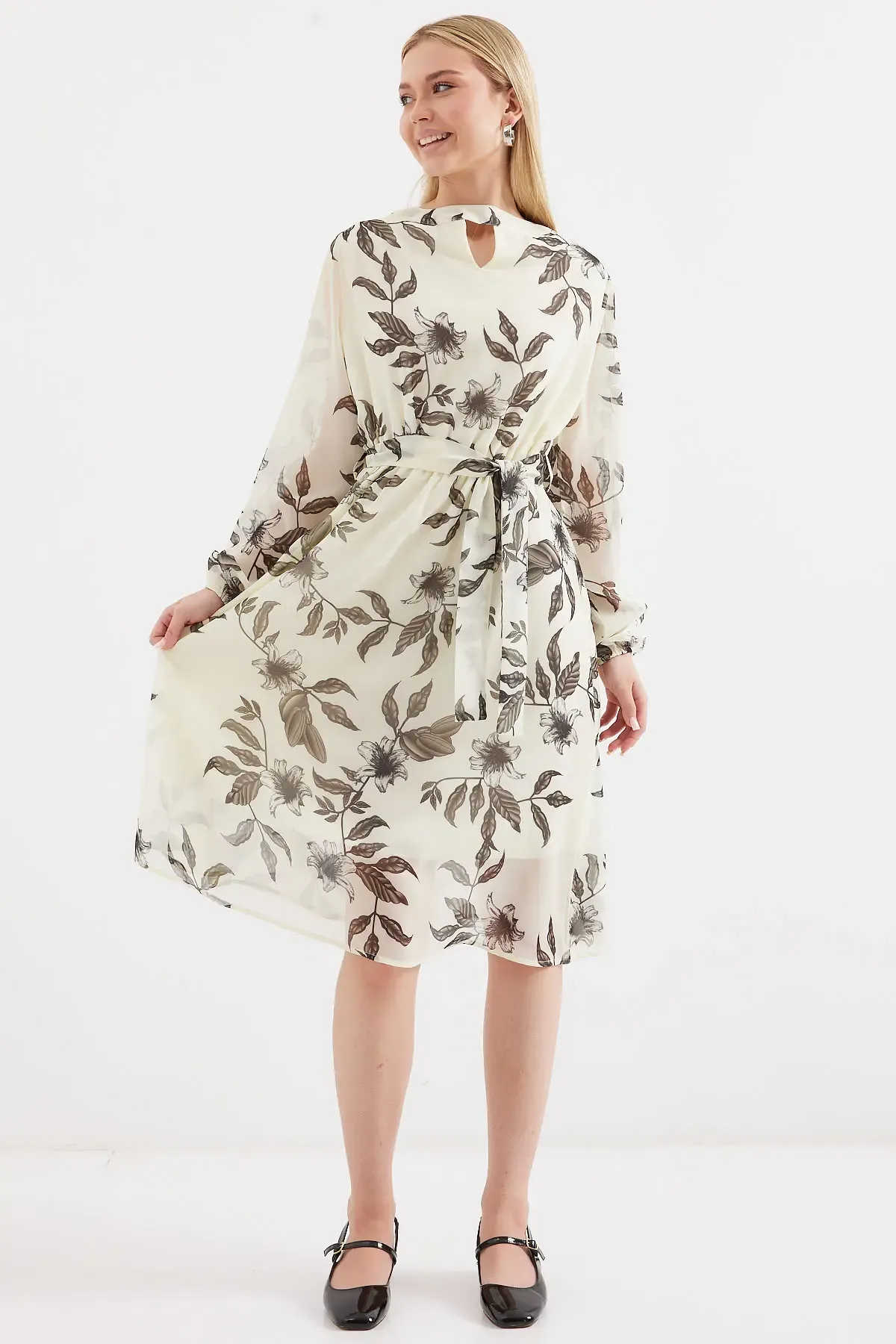 2459 Astarlı Desenli Tül Elbise - Ekru