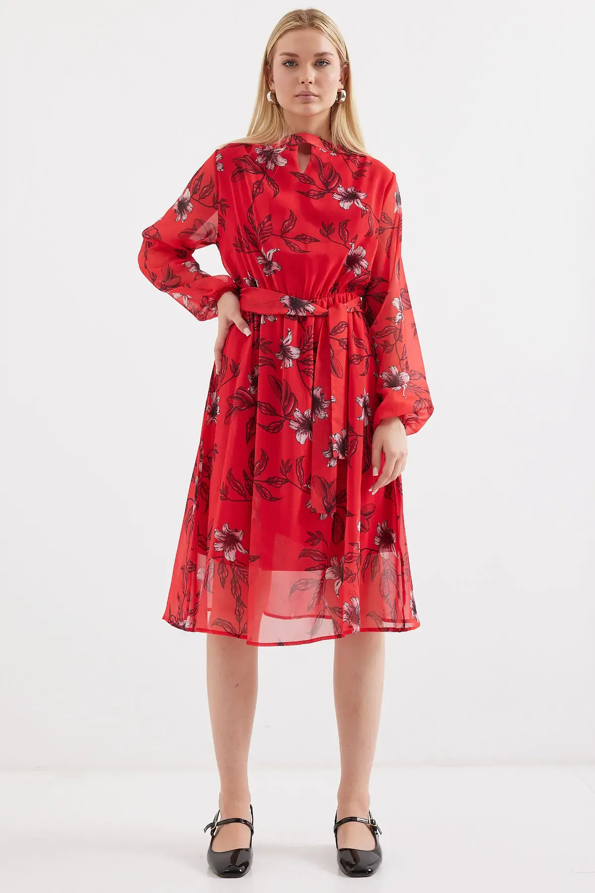 2459 Astarlı Desenli Tül Elbise - Kırmızı