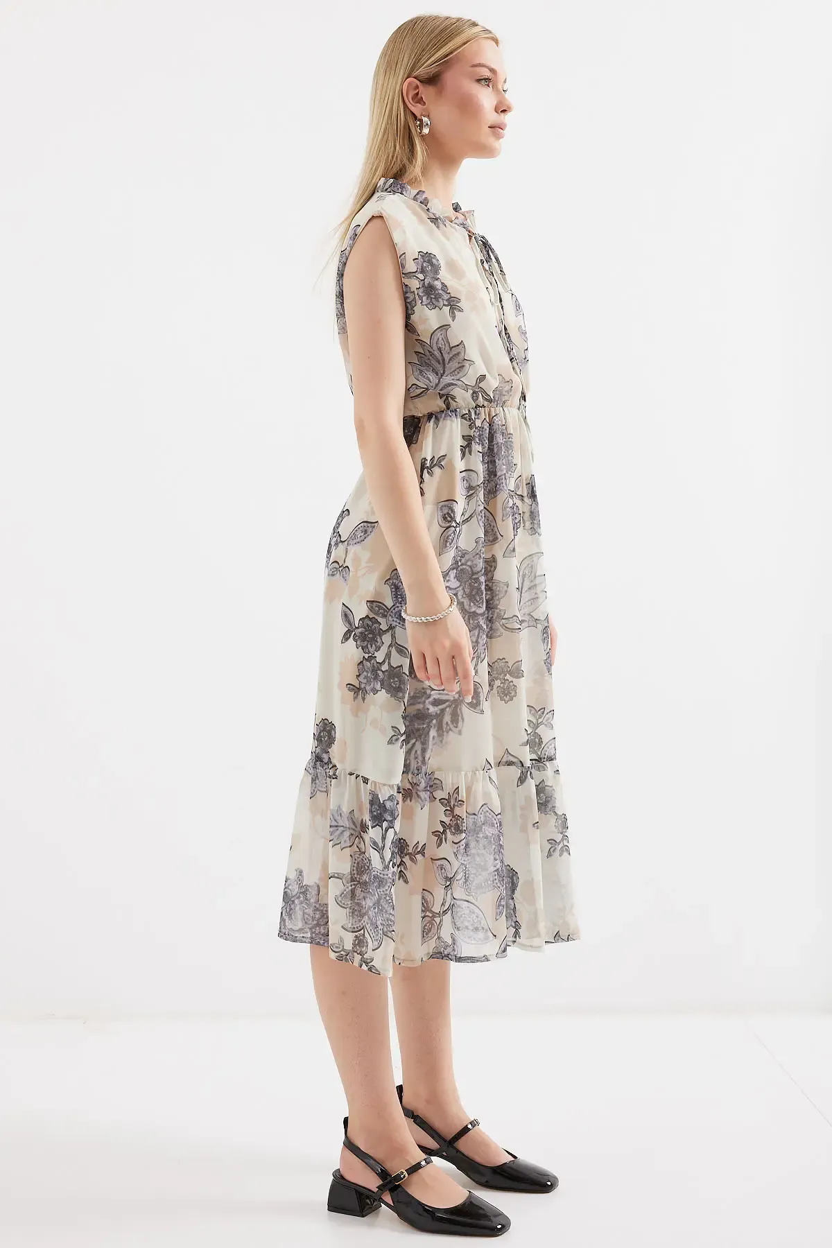 2503 Desenli Sıfır Kol Şifon Elbise - Antrasit