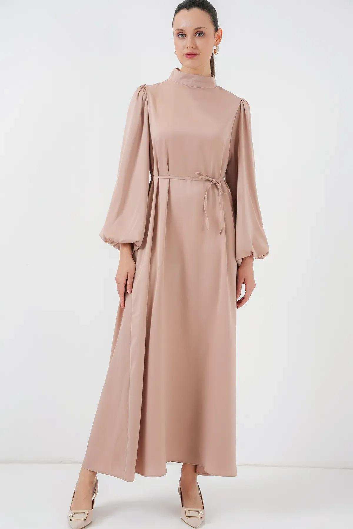 2510 Saten Tesettür Abiye Elbise - Bisküvi