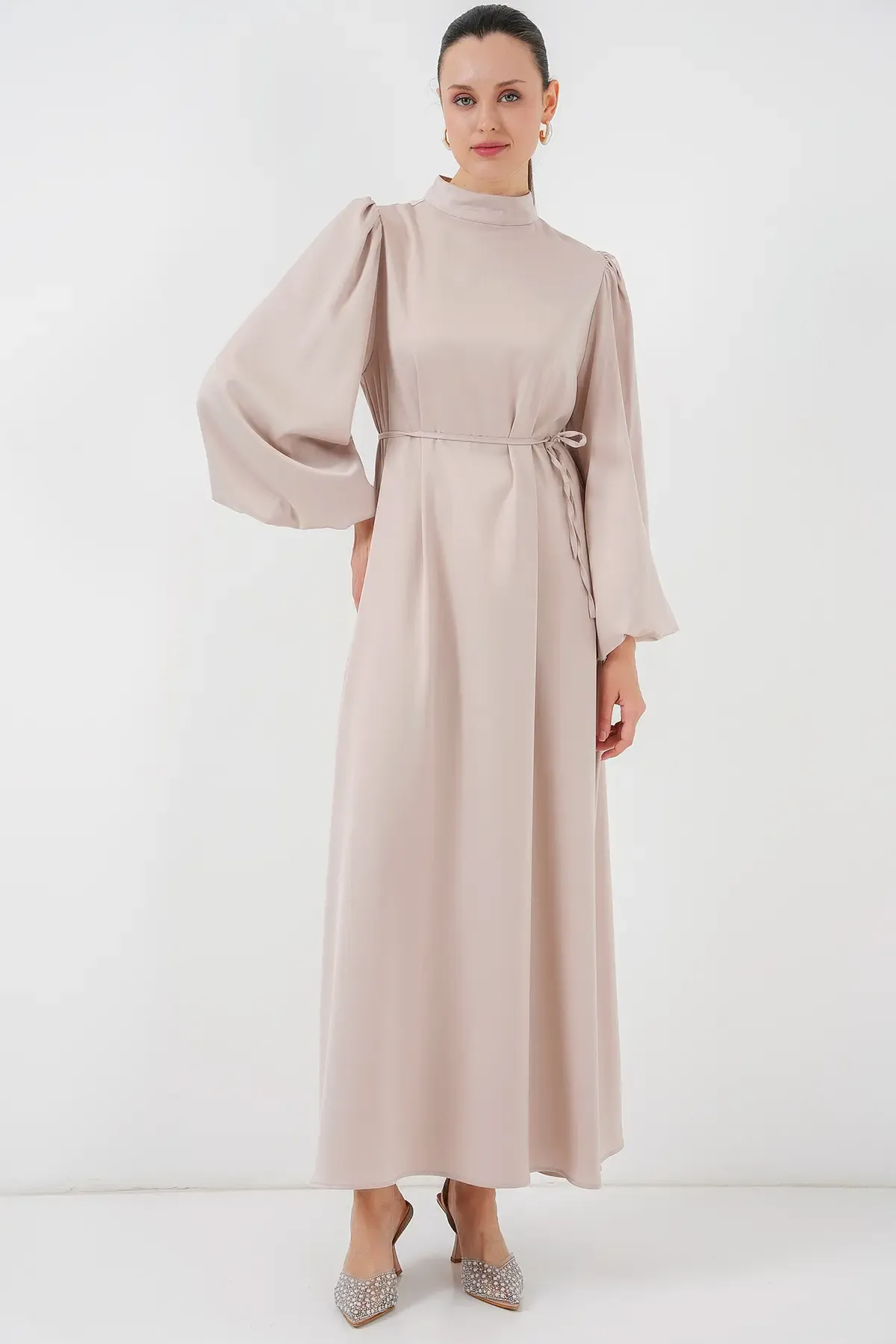 2510 Saten Tesettür Abiye Elbise - M. Krem