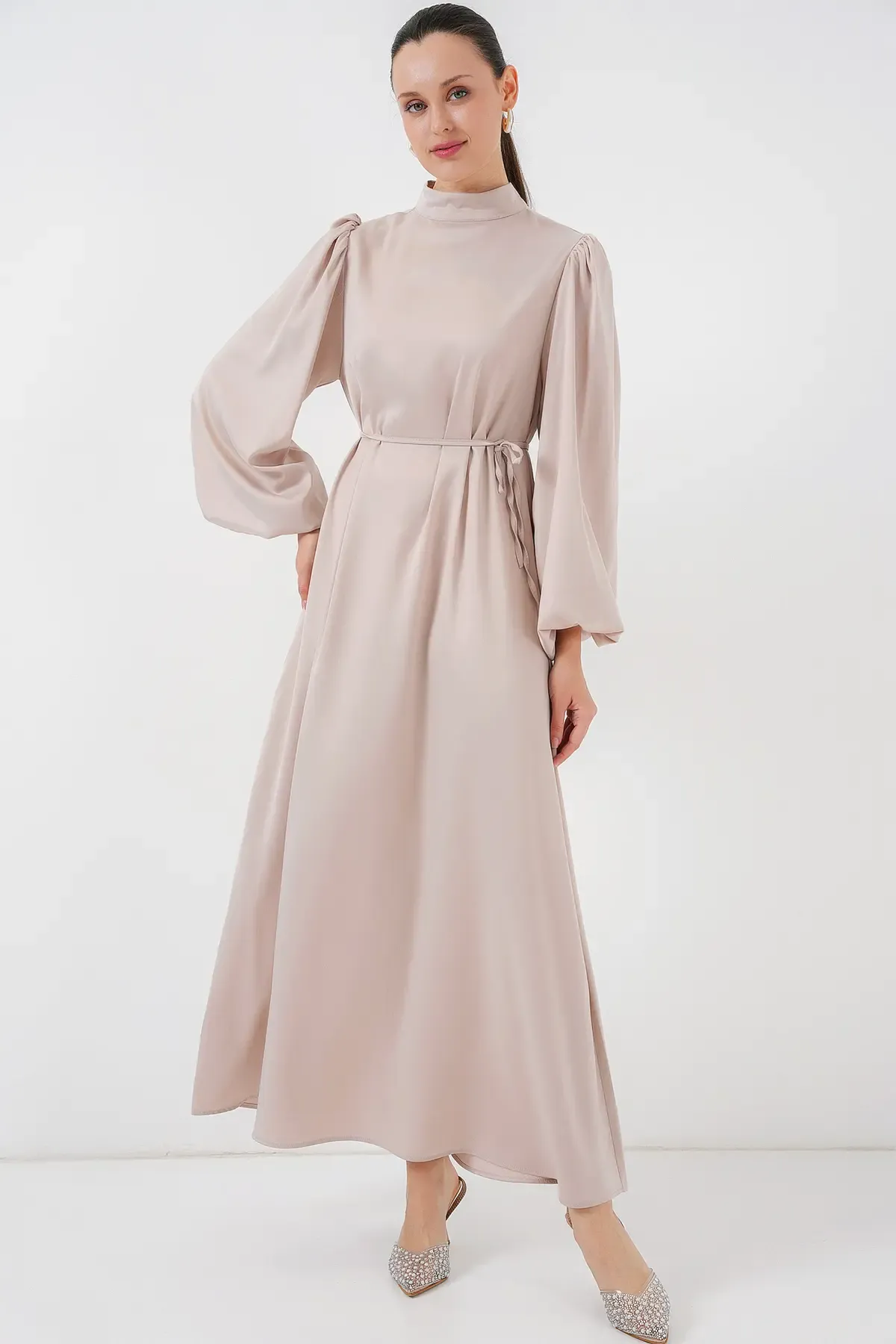 2510 Saten Tesettür Abiye Elbise - M. Krem