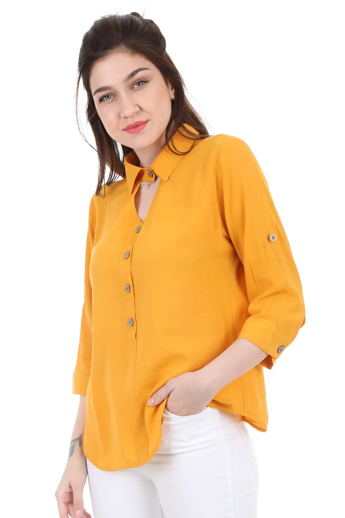 3658 GÖMLEK YAKA TAHTA DÜĞME BLUZ - Hardal