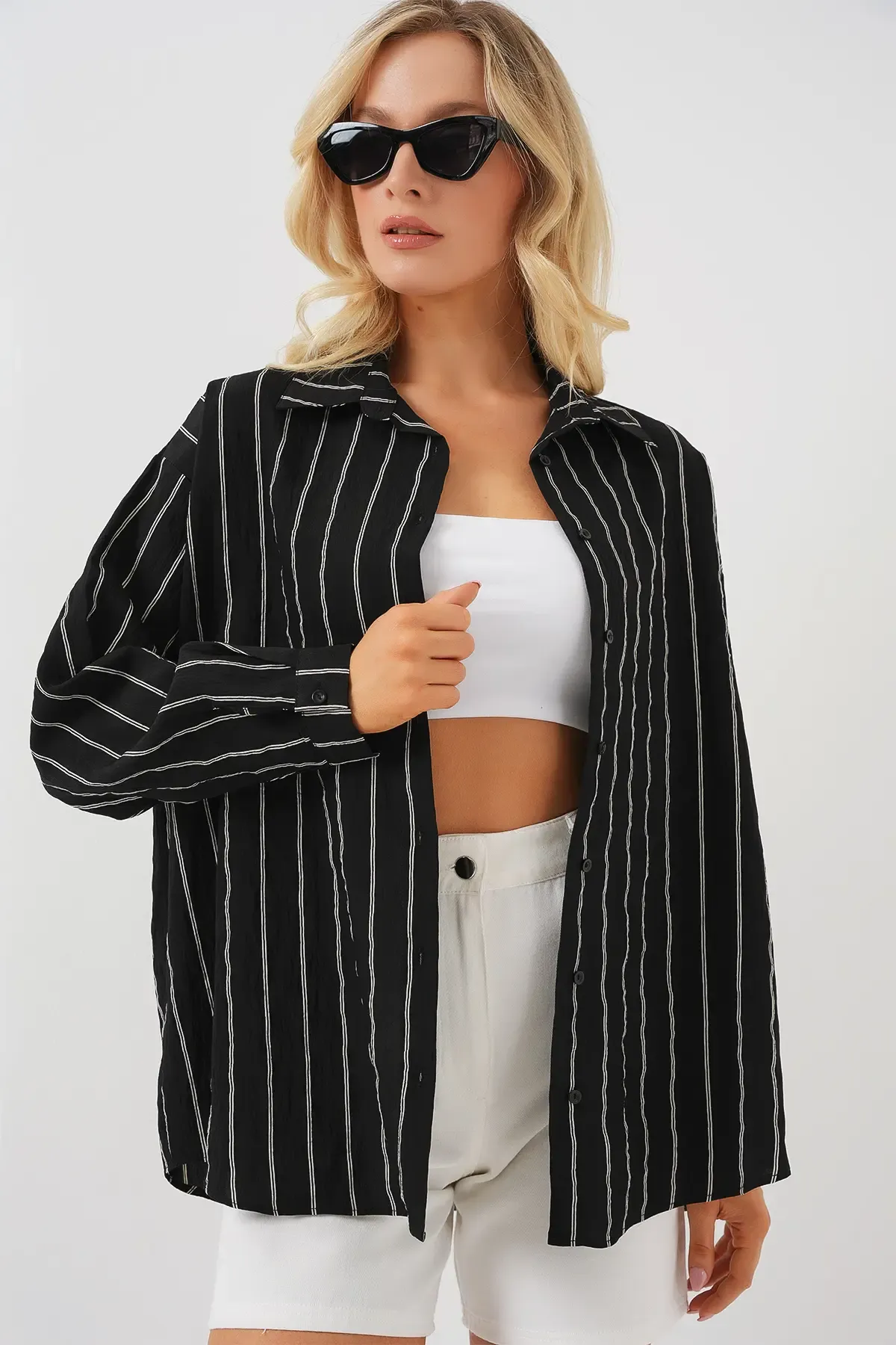 3900 Oversize Uzun Basic Gömlek - C. Siyah