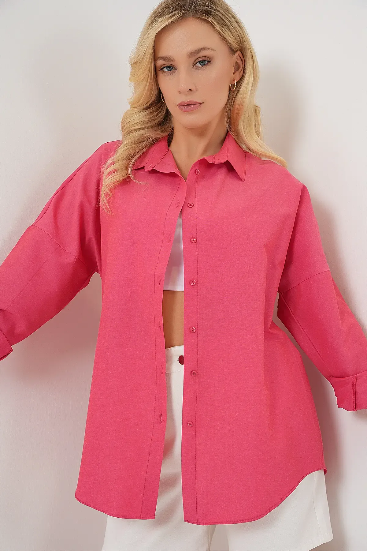 3900 Oversize Uzun Basic Gömlek - Nar