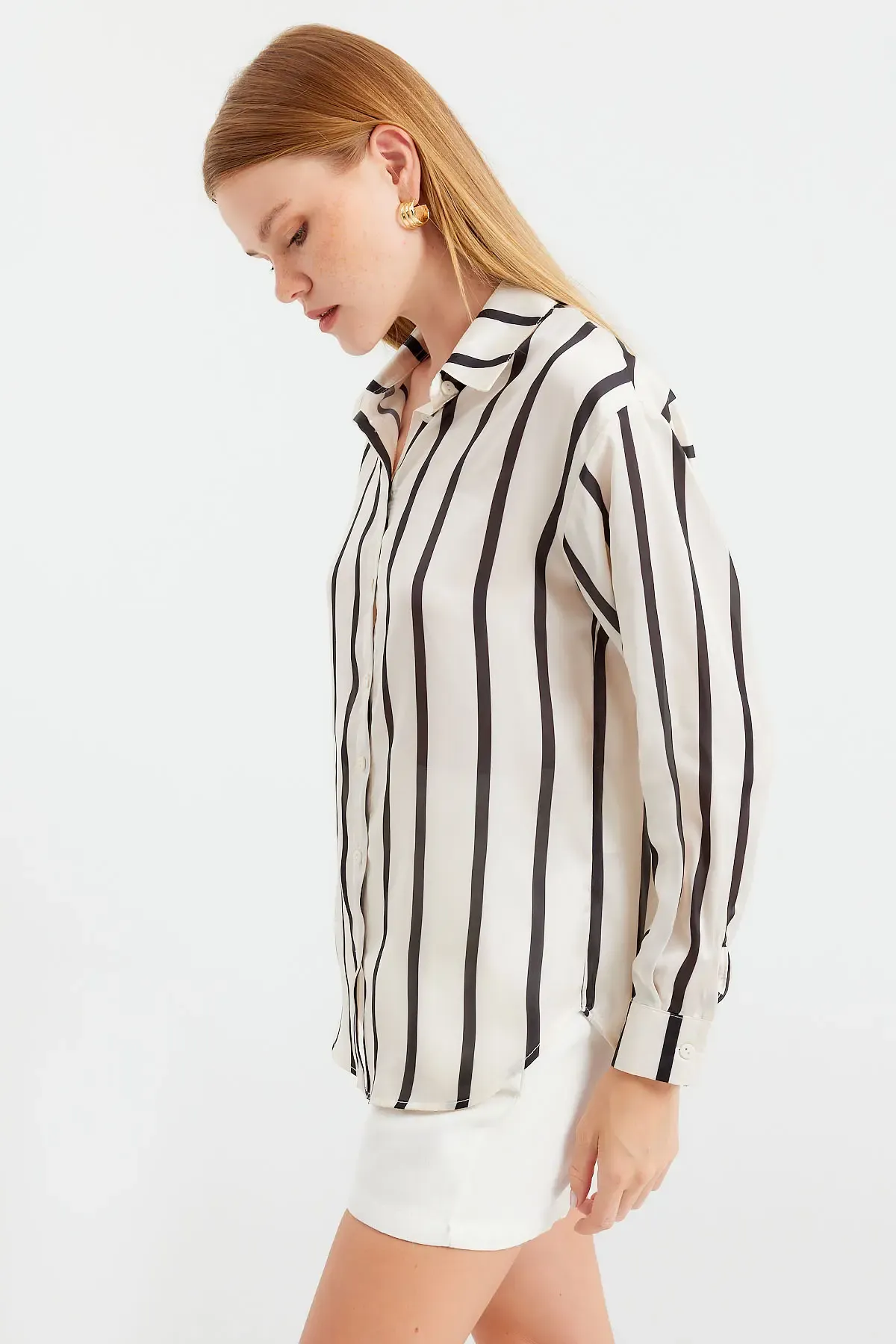 3964 Çizgili Hafif Dökümlü Saten Gömlek - F. Siyah