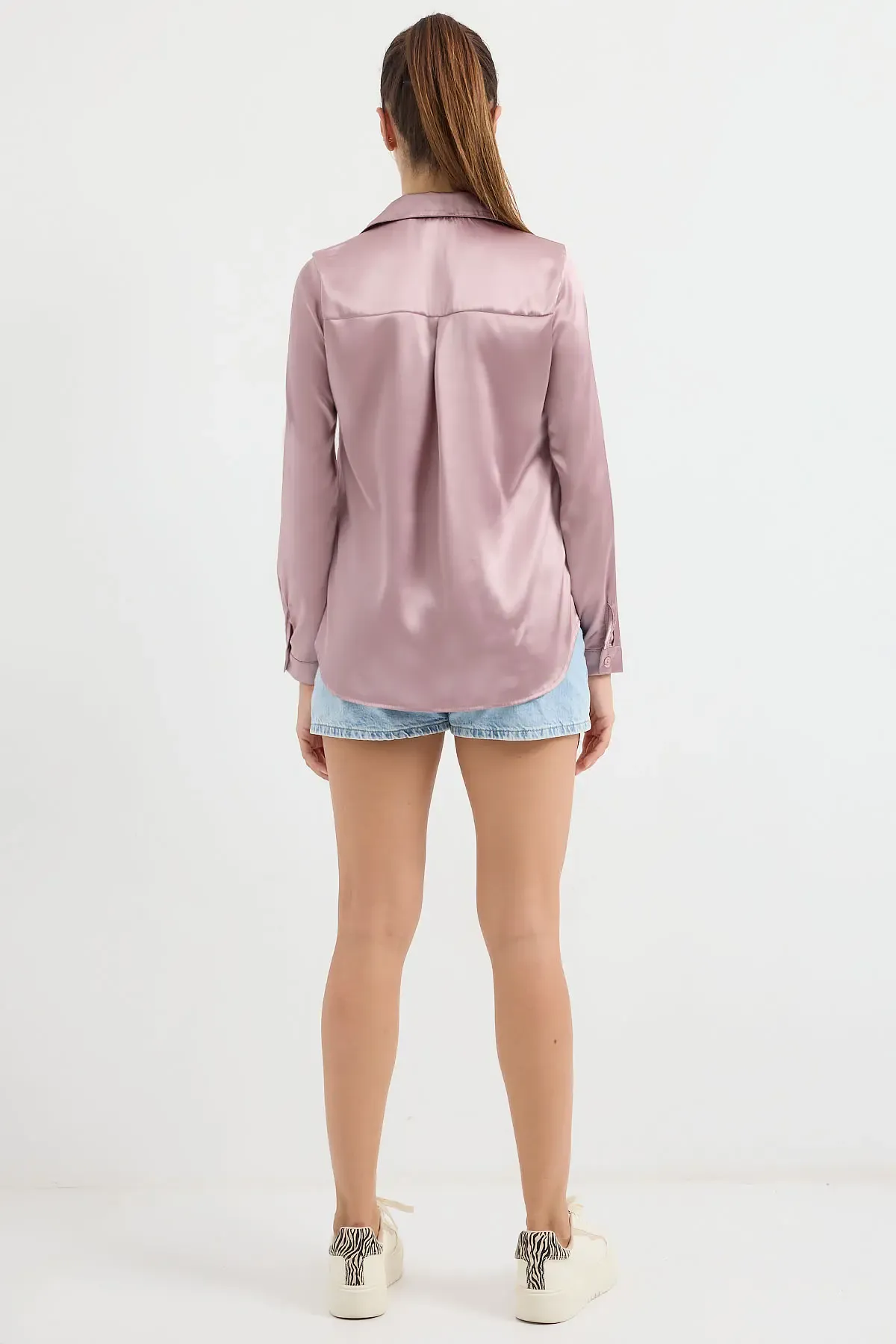 3964 Hafif Dökümlü Saten Gömlek - D.Gül Kurusu