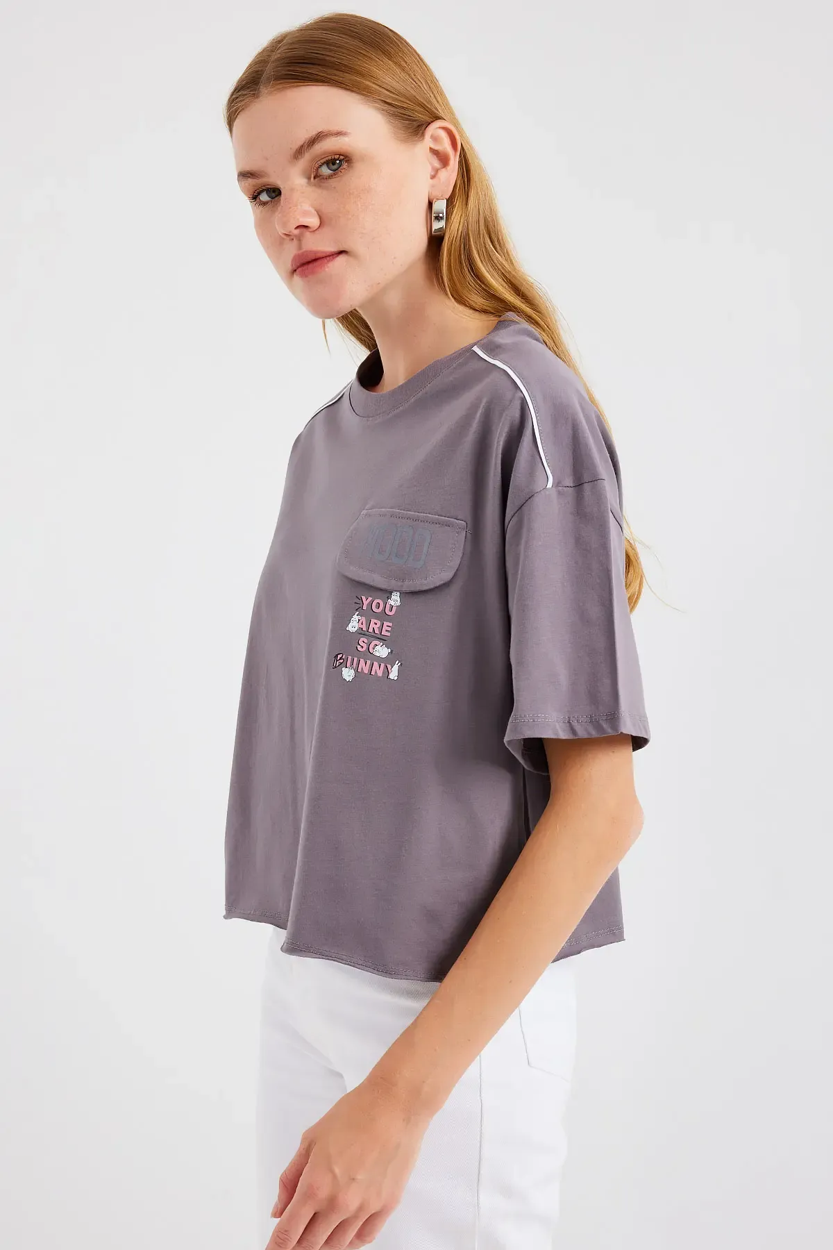 4321 Cep Detaylı Oversize Tişört - Gri