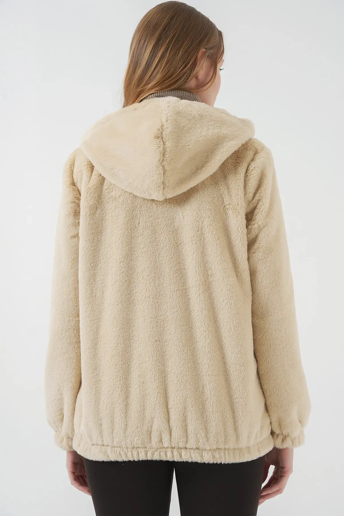 5091 Kapşonlu Kürklü İçi Astarlı Mont - Bisküvi