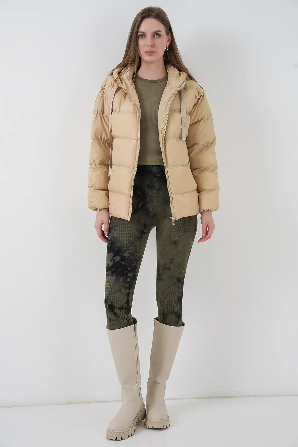 5117 Kapşonlu Şişme Mont - Vizon