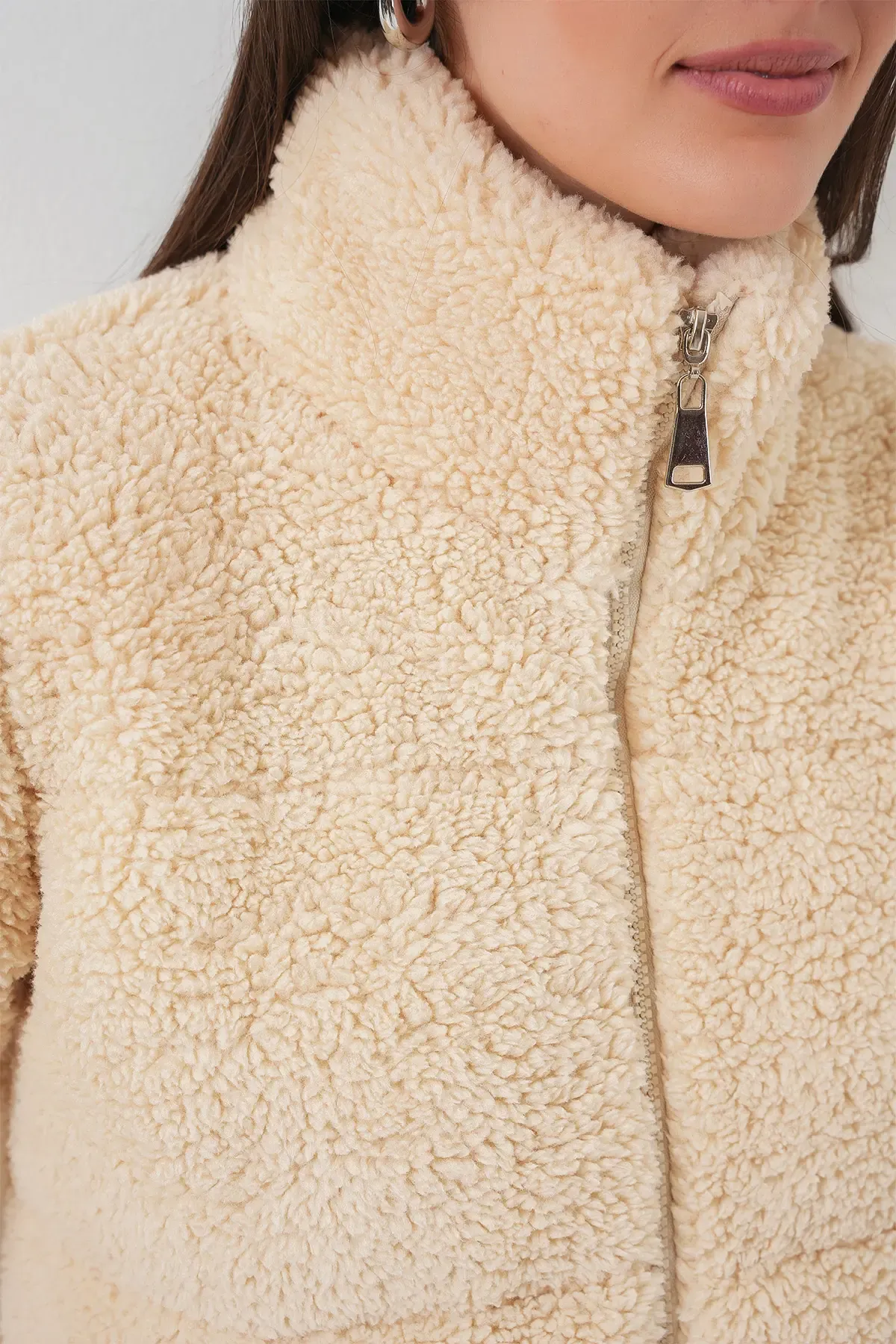 5178 Astarlı Peluş Mont - Krem