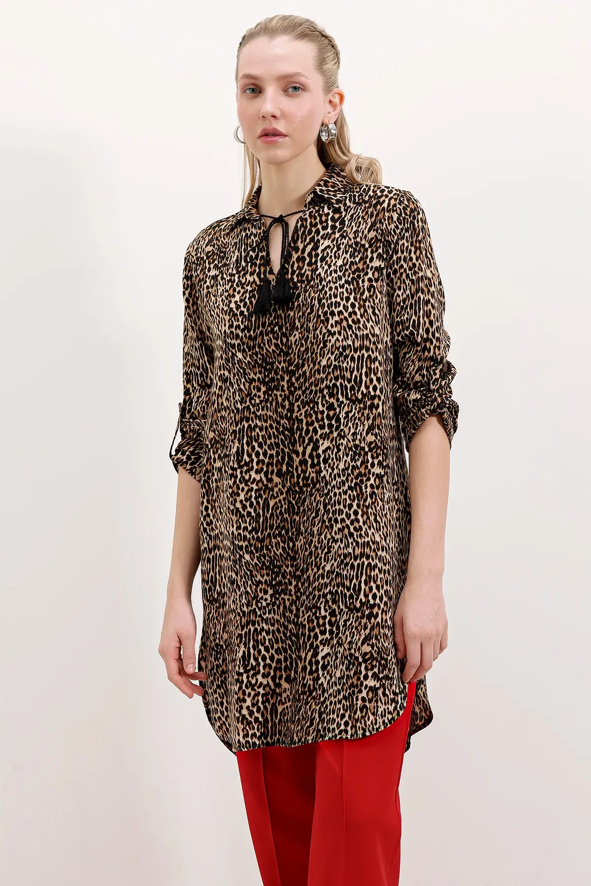 5613 Yaka Bağcıklı Çizgili Tunik - A.Kahve