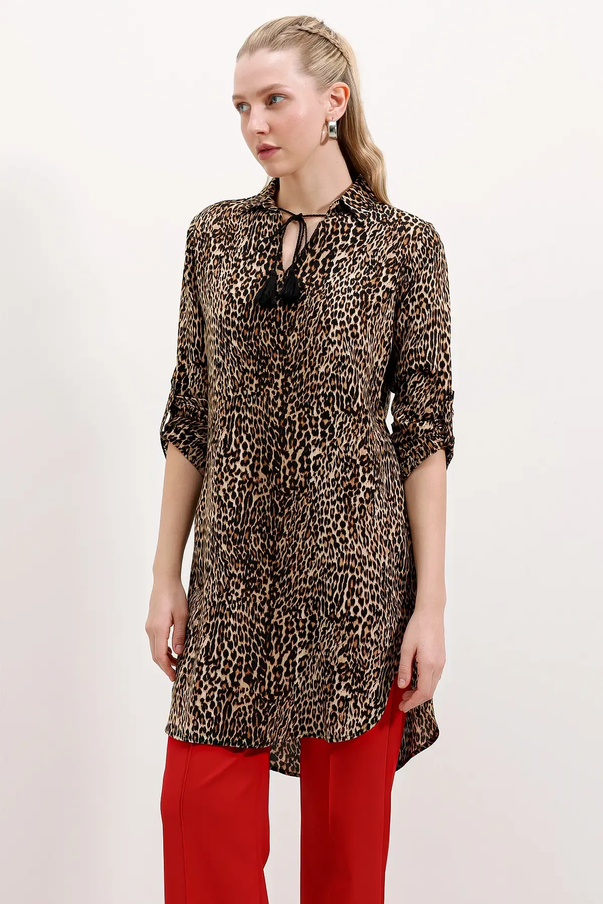 5613 Yaka Bağcıklı Çizgili Tunik - A.Kahve