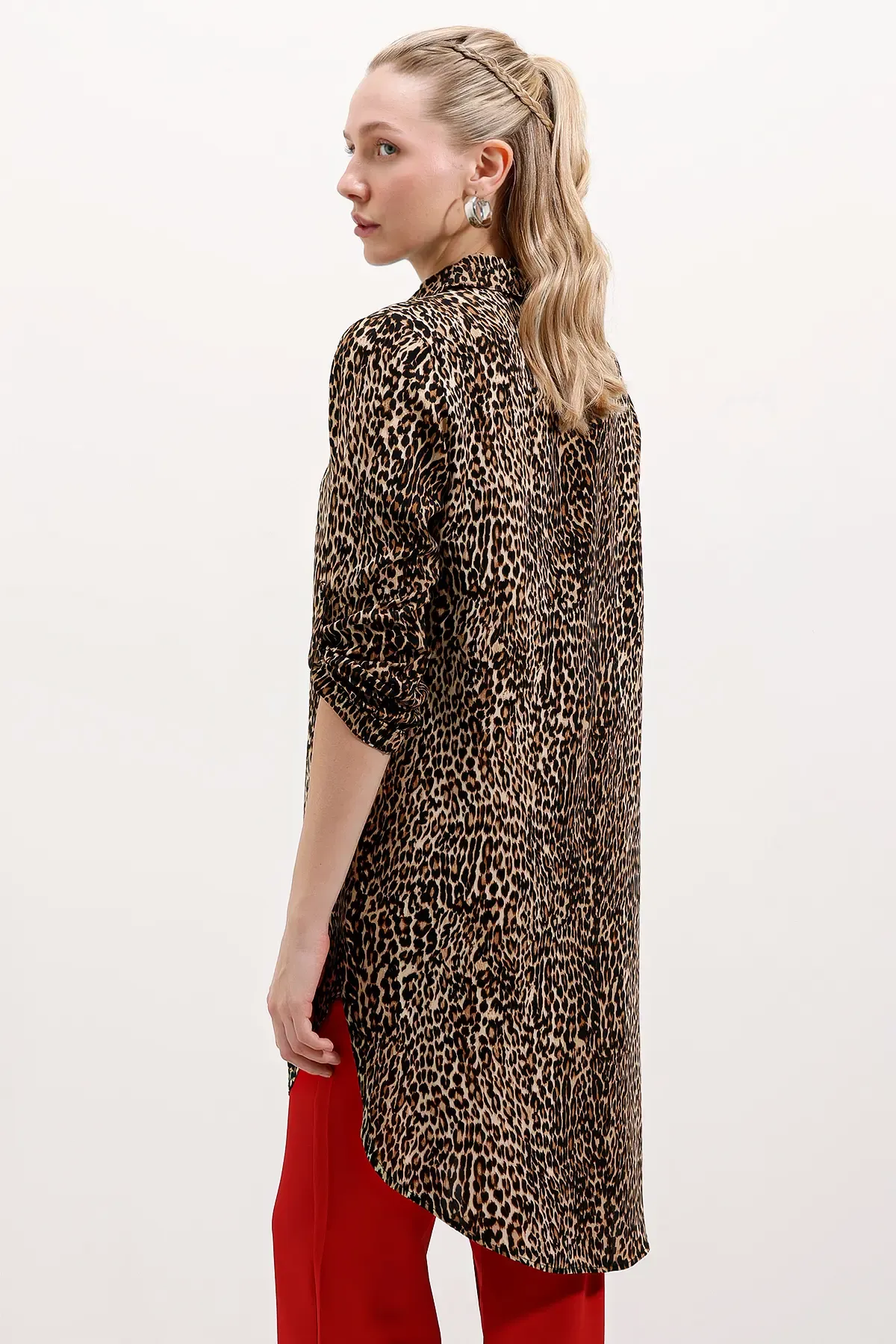 5613 Yaka Bağcıklı Çizgili Tunik - A.Kahve