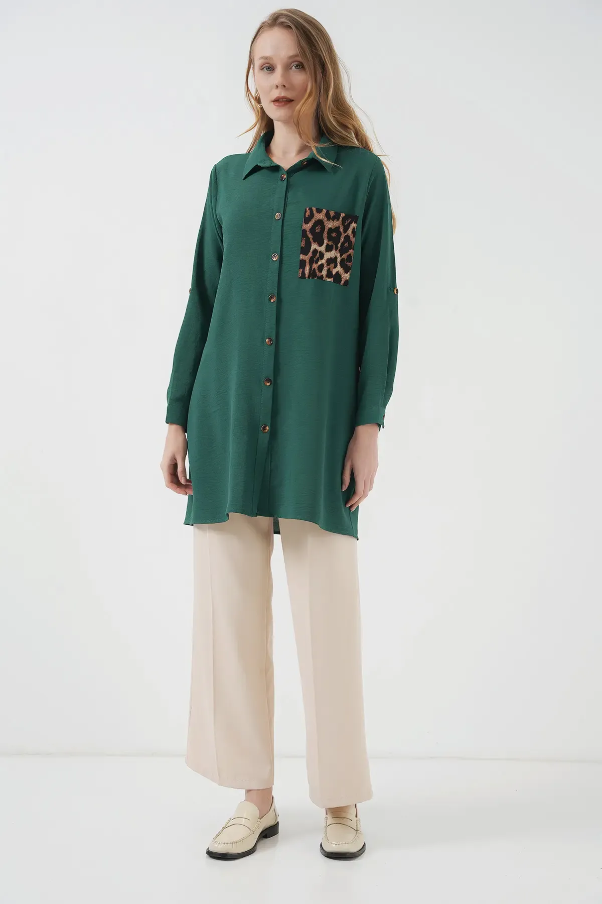 5851 Cep Detaylı Gömlek Tunik - Zümrüt Yeşili