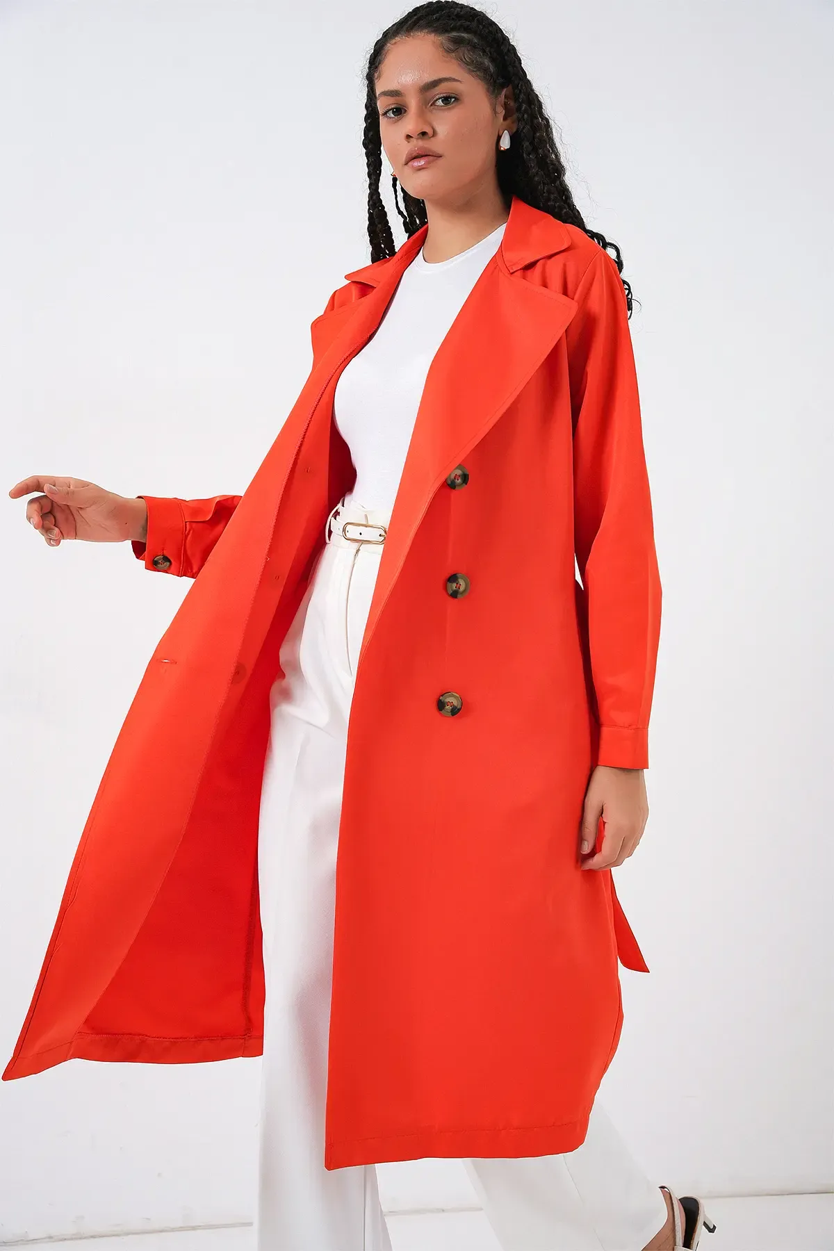 5853 Kruvaze Yaka Trençkot - Turuncu