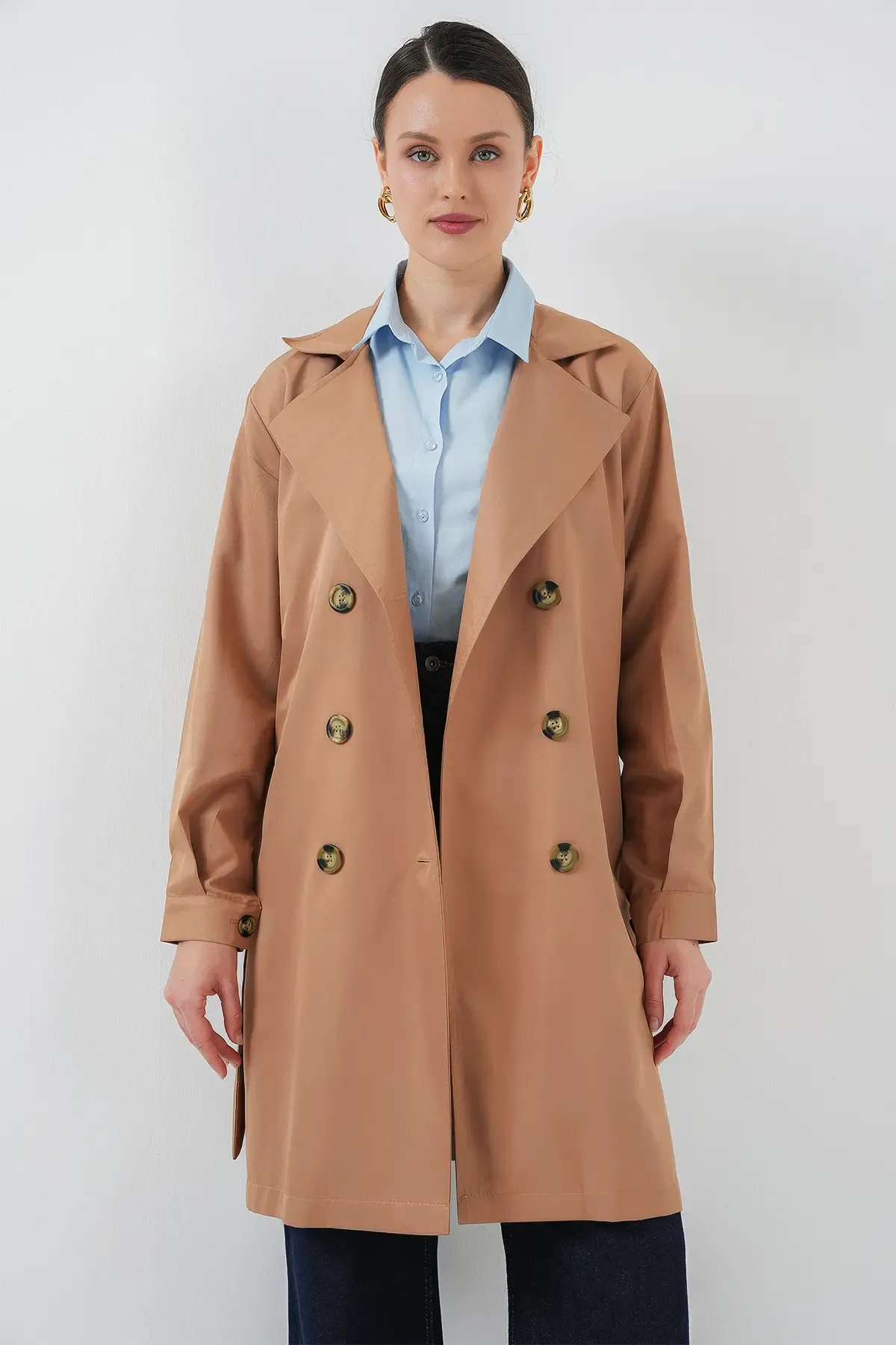 5864 Kruvaze Yaka Kısa Trençkot - Taba