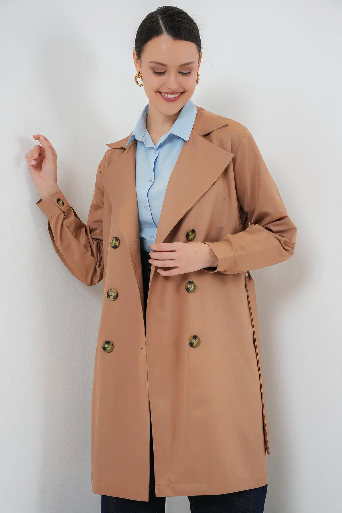 5864 Kruvaze Yaka Kısa Trençkot - Taba