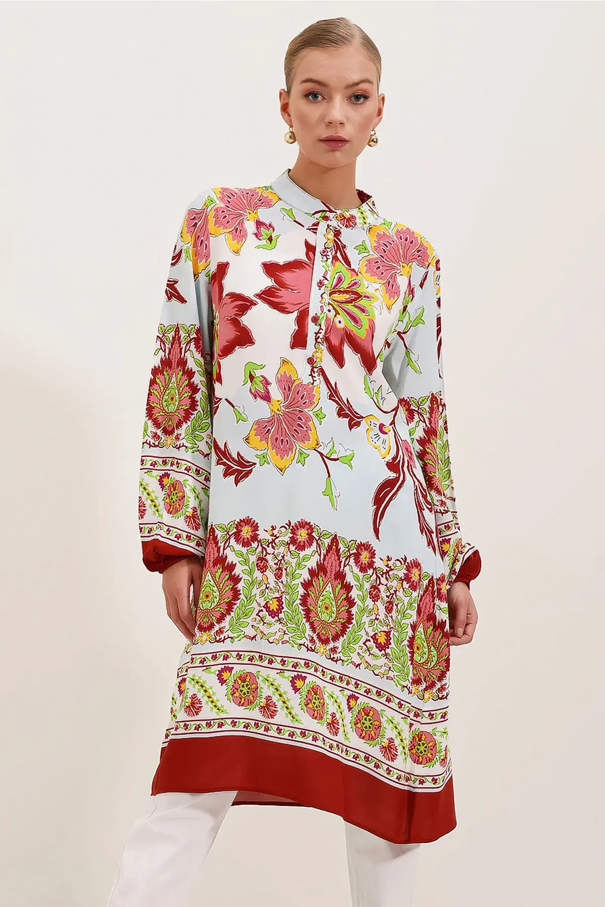 5903 Desenli Viskon Elbise - Bordo