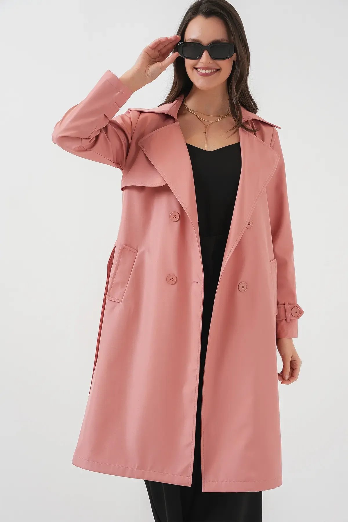 5918 Kruvaze Yaka Trençkot - Pembe