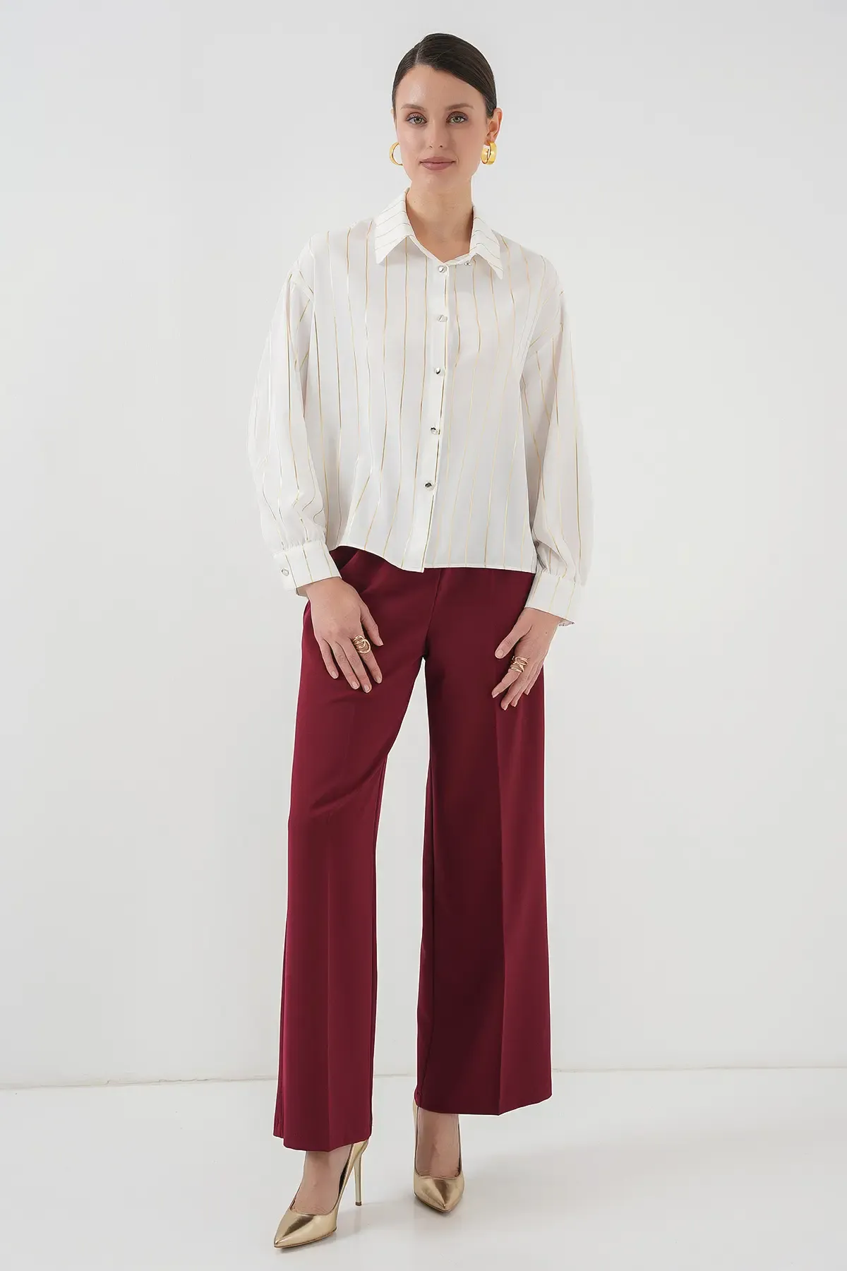 5924 Kadın Gold Çizgili Gömlek - C.Beyaz