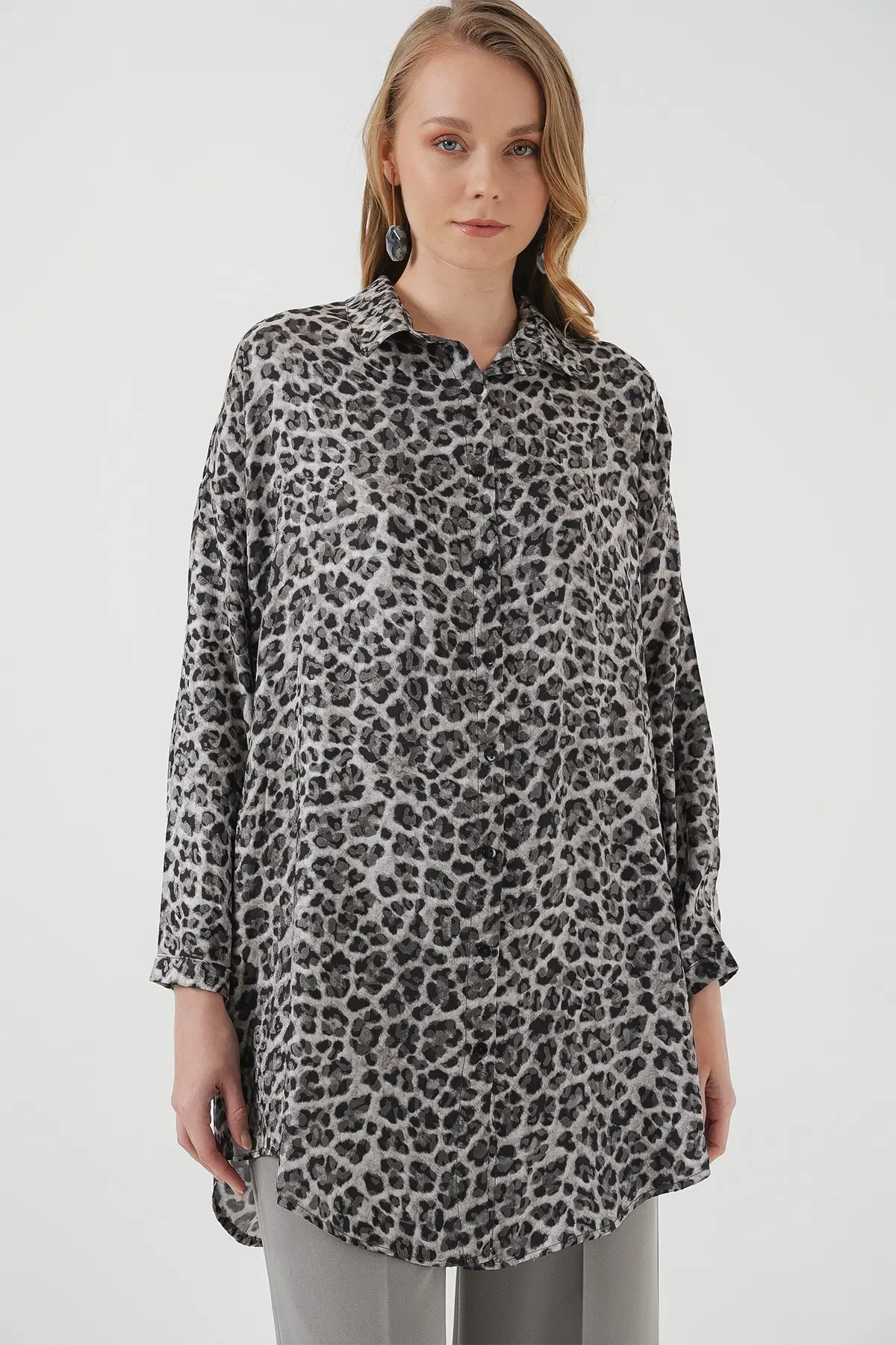 5944 Desenli Uzun Gömlek Tunik - Siyah