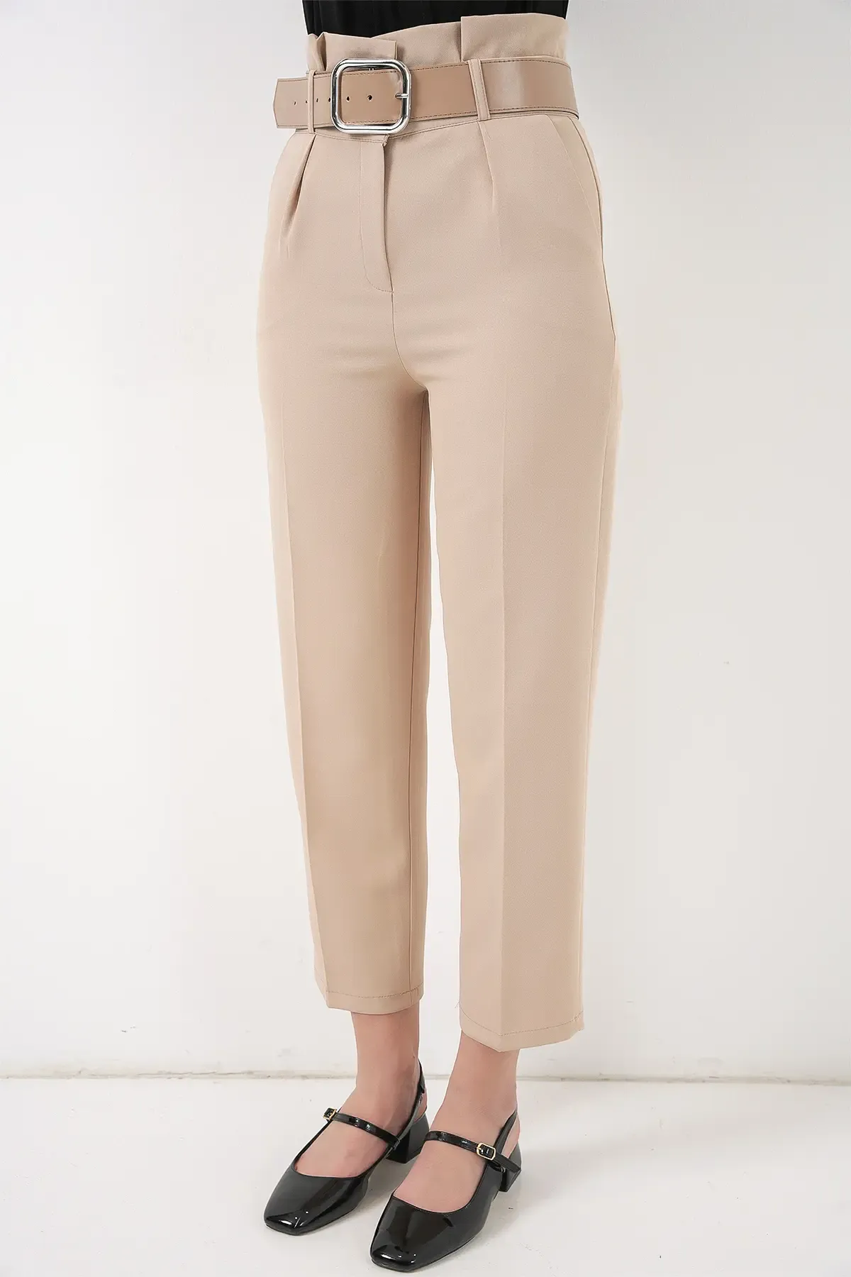 6556 Kemerli Kumaş Pantolon - Krem