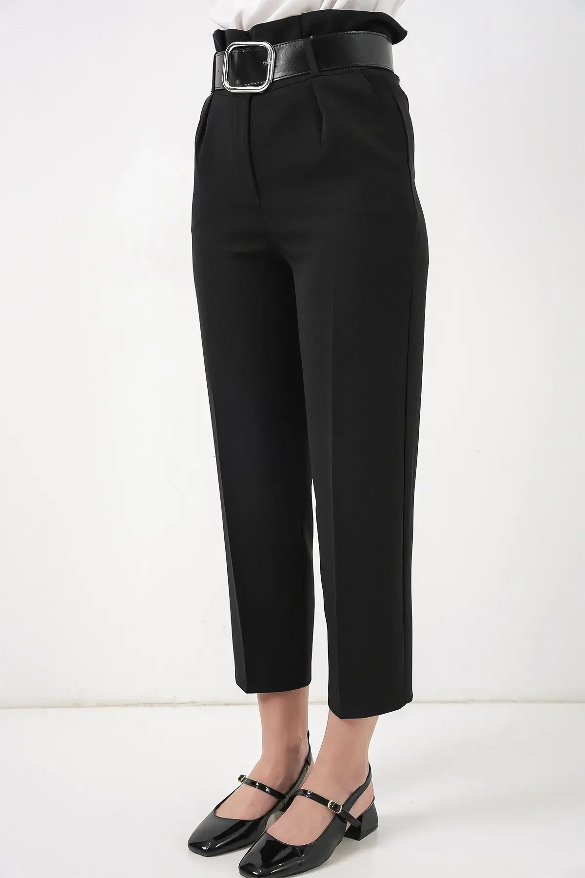 6556 Kemerli Kumaş Pantolon - Siyah