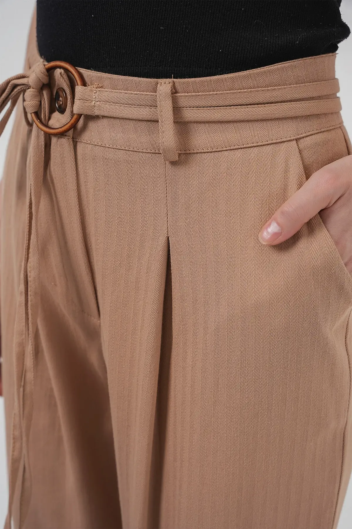 6660 Kemerli Keten Pantolon - Bisküvi