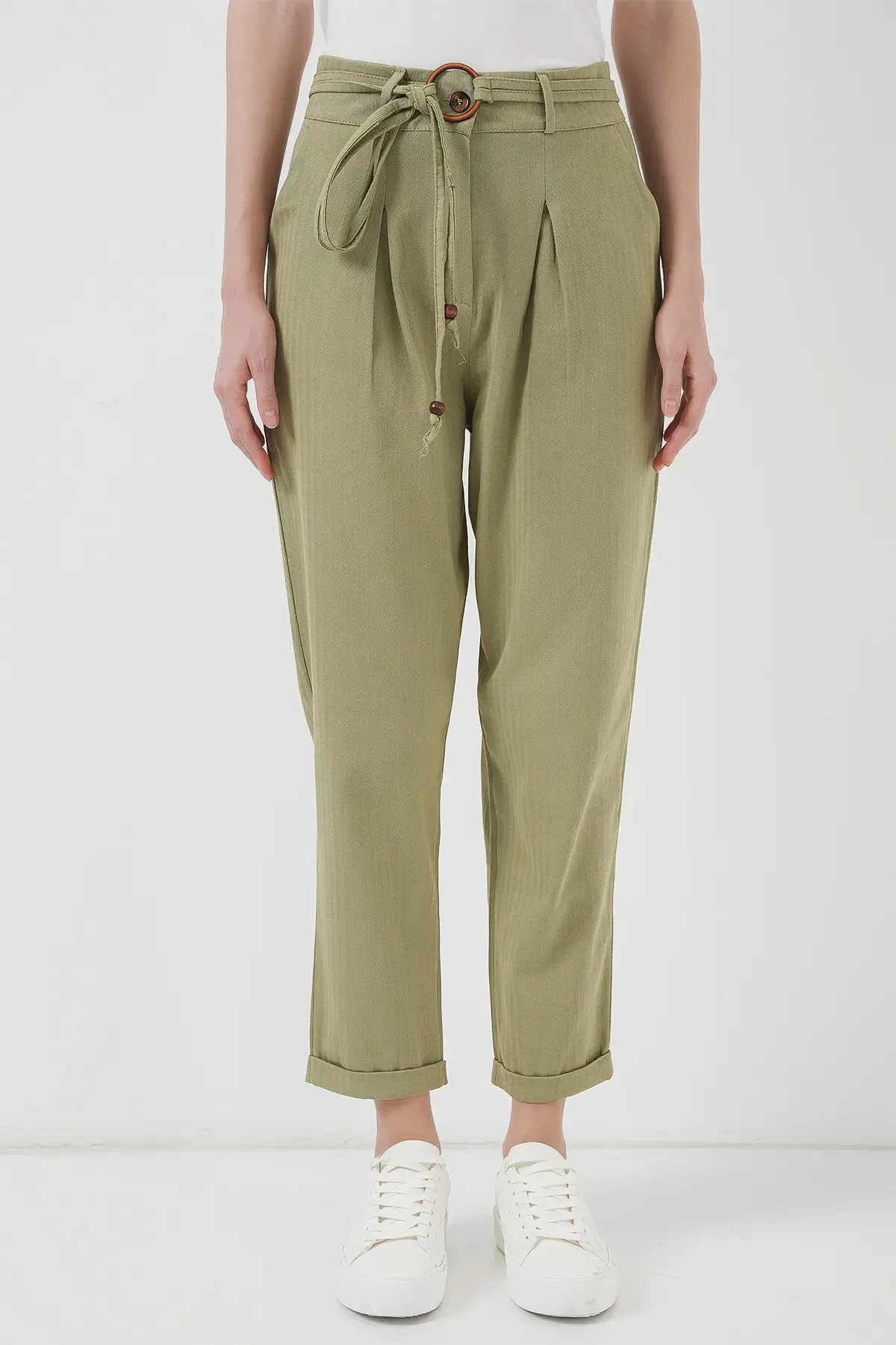 6660 Kemerli Keten Pantolon - Haki