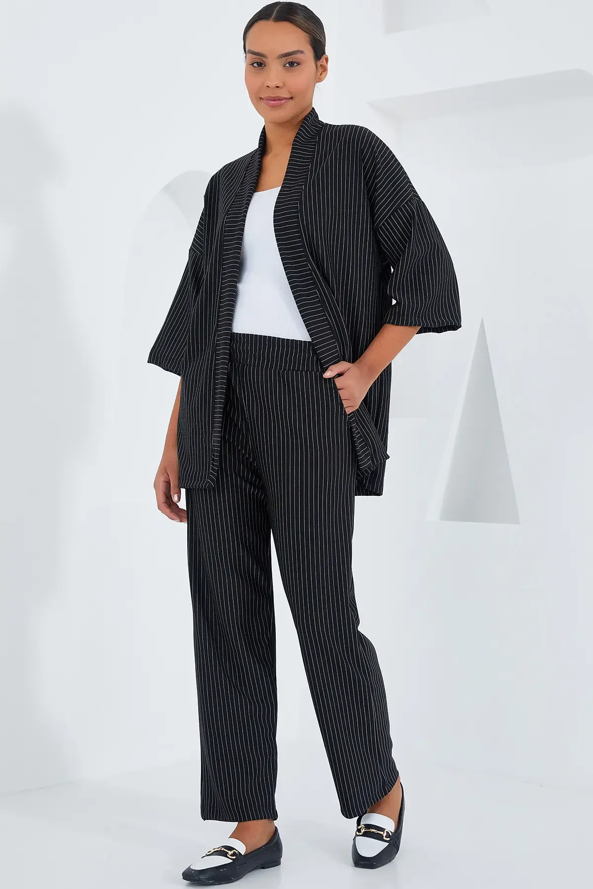 6661 Kadın Çizgili Kimono İkili Takım - Siyah