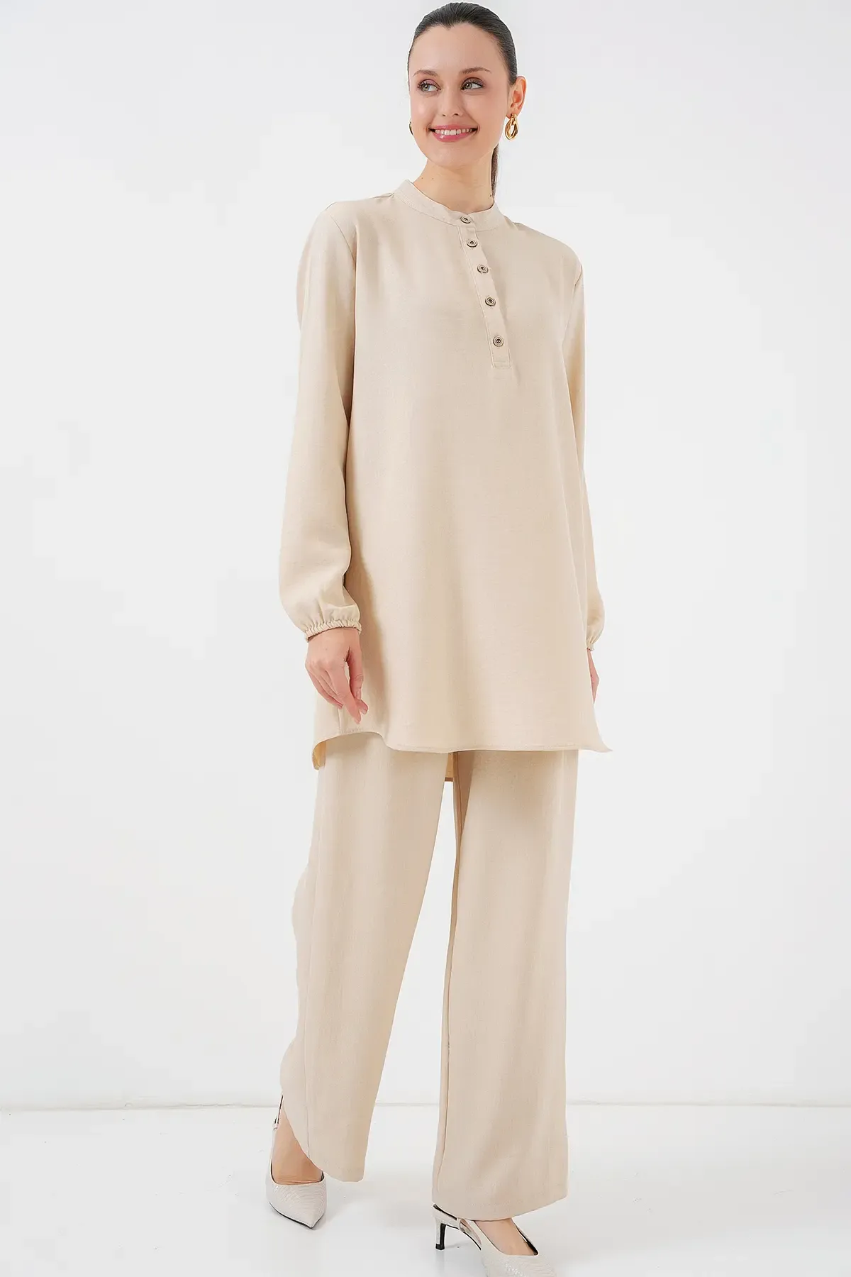 6678 Keten Tunik Pantolon İkili Takım - Bej