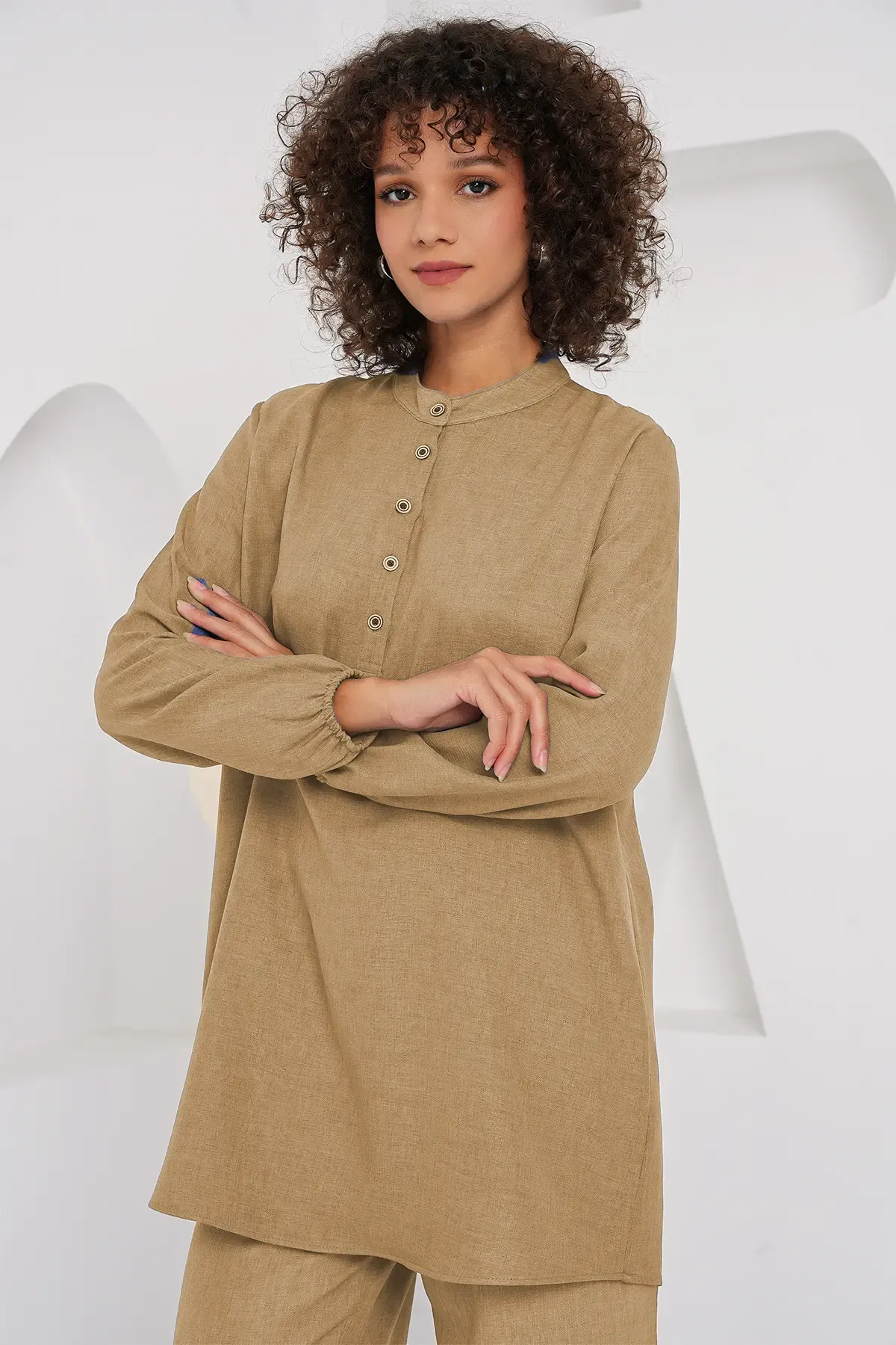 6678 Keten Tunik Pantolon İkili Takım - Bisküvi